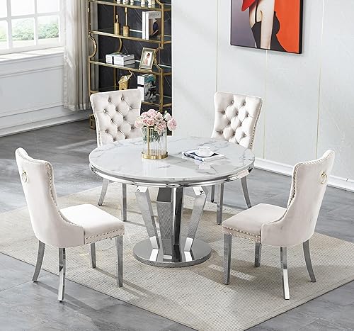 Juego de 4 mesas de comedor redondas de mármol para 4, mesa de cocina redonda moderna y sillas de terciopelo beige, mesa de comedor de mármol blanco