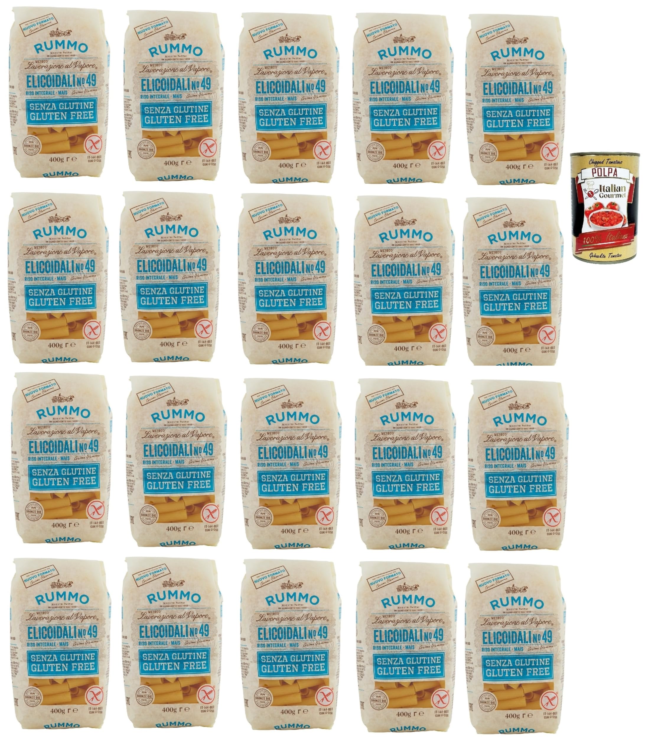 Italian Gourmet Pasta Elicoidali n.49 senza Glutine 20 x 400g glutenfrei | Trafilata al bronzo, cottura tenace; 100% italienisch, ideal für Aufläufe und, Gesamtnettogewicht 8 kg + Kostenlos Polpa 400g