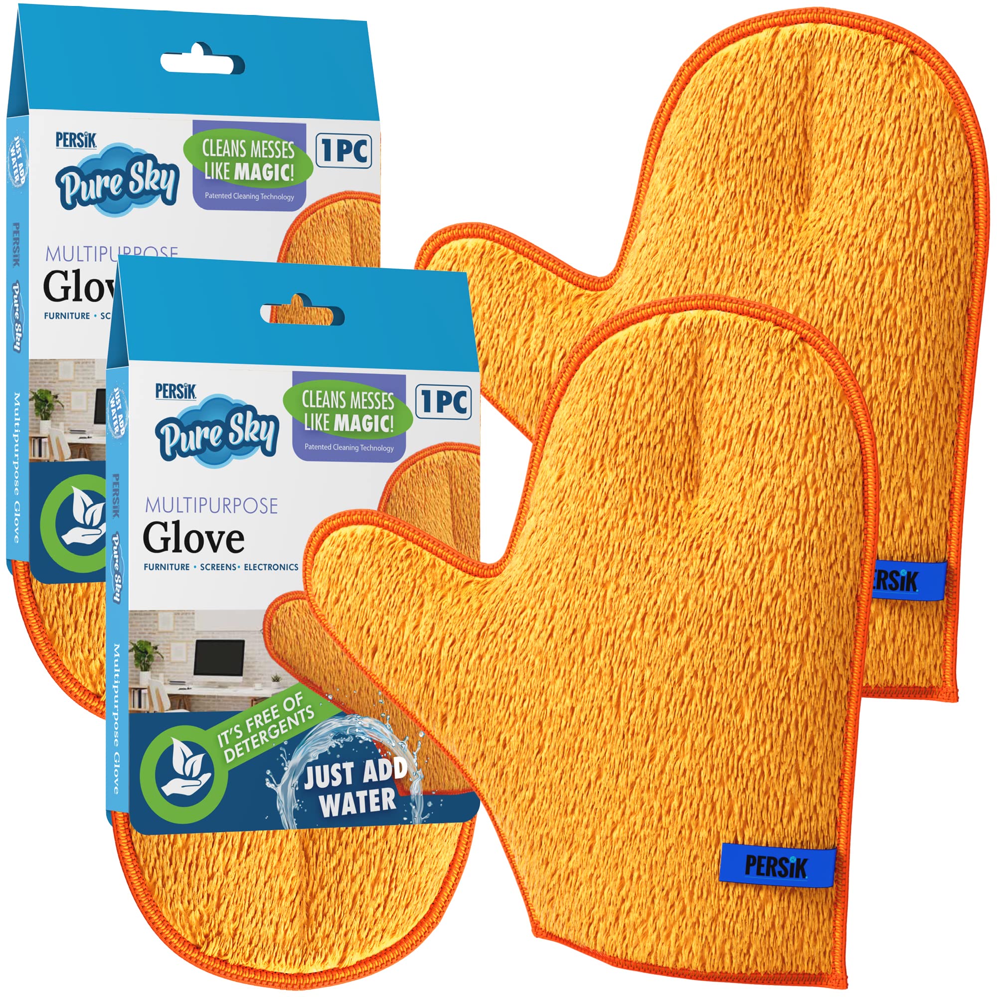 persik Pure-Sky Microfiber Glove Dusting Mitt - Just Add Water No Detergents Needed - Ultra Microfiber Cleaning Cloth Glove - Use for Cleaning Furniture, Home - 2 Pack