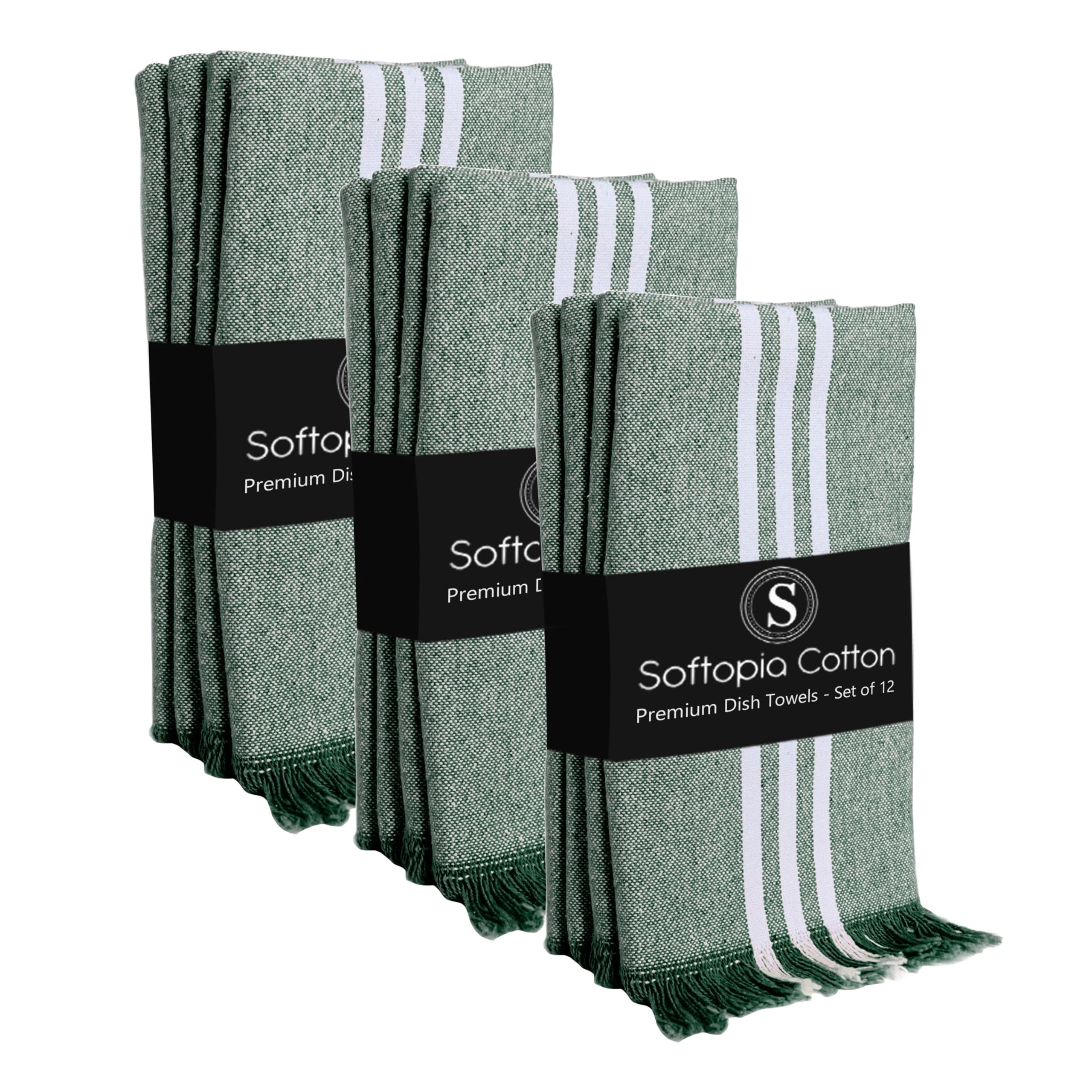 Stripe Kitchen Towels 12 Pack, 16x26 Inches, Cotton Dish Cloths, Absorbent Drying Rags, Reusable and Washable Tea Towels, Cleaning Cloths for Daily Kitchen Use - Forest Green