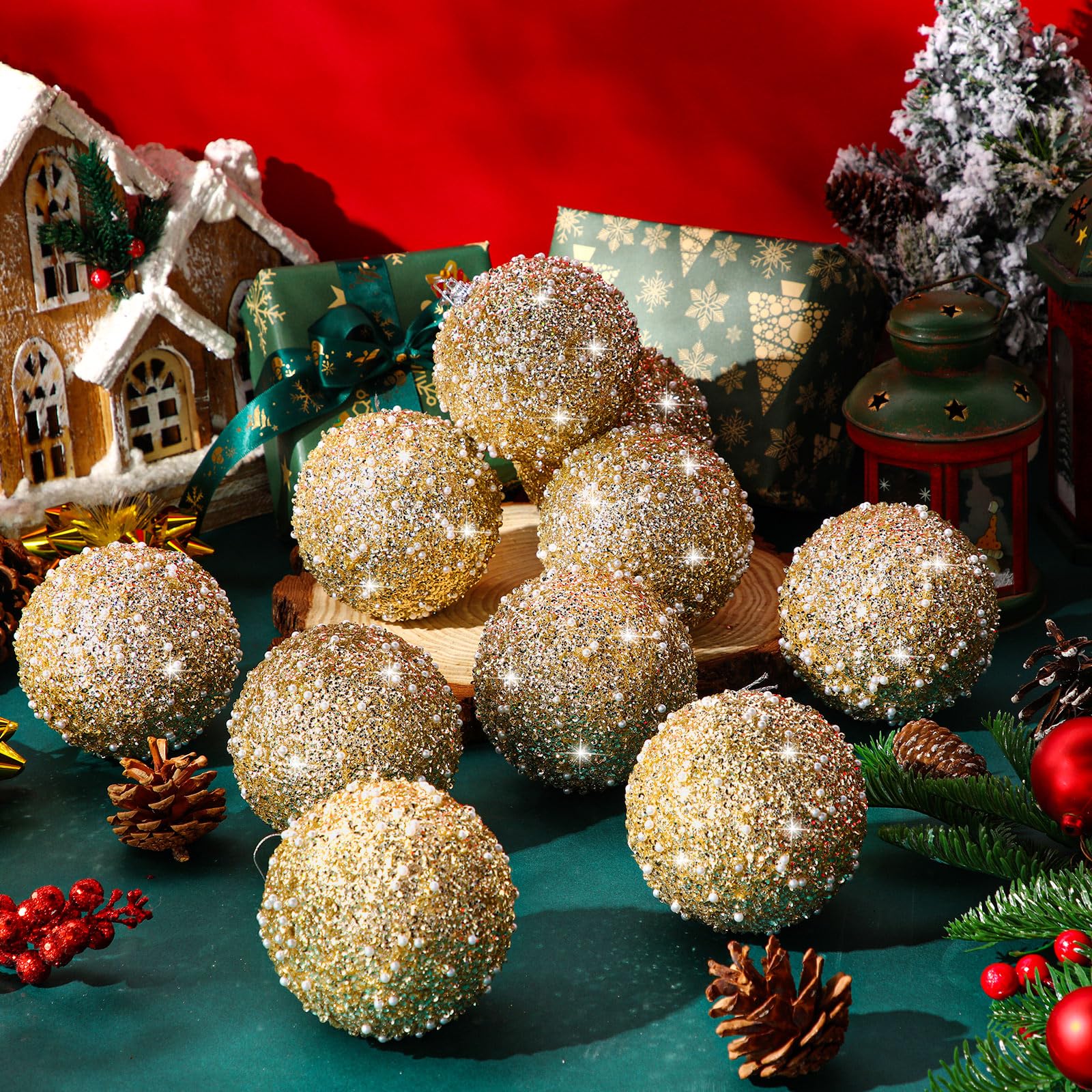 Lyrow Juego de 24 adornos de bolas de Navidad con purpurina de 4 pulgadas, bolas de Navidad a granel, adorno colgante de espuma de lentejuelas para árbol del hogar, boda, decoración de fiesta de