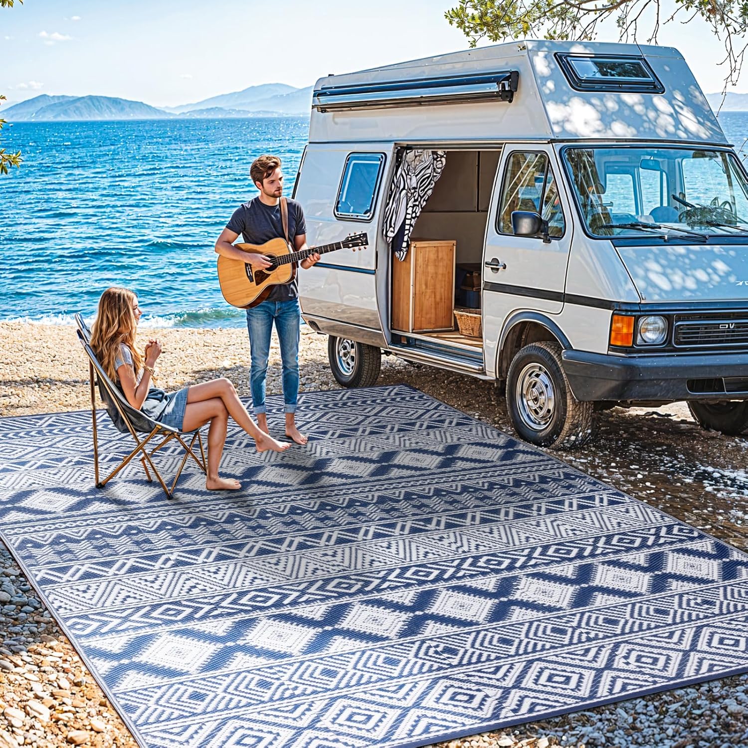 Waterproof Outdoor Rug 8x10 ft, Reversible Plastic Straw Patio Camping Rugs, Outdoor Indoor RV Mat Carpet for Patio, Outside Entry, Backyard, Deck, Bench, Picnic, Camper(8x10,Blue&White)