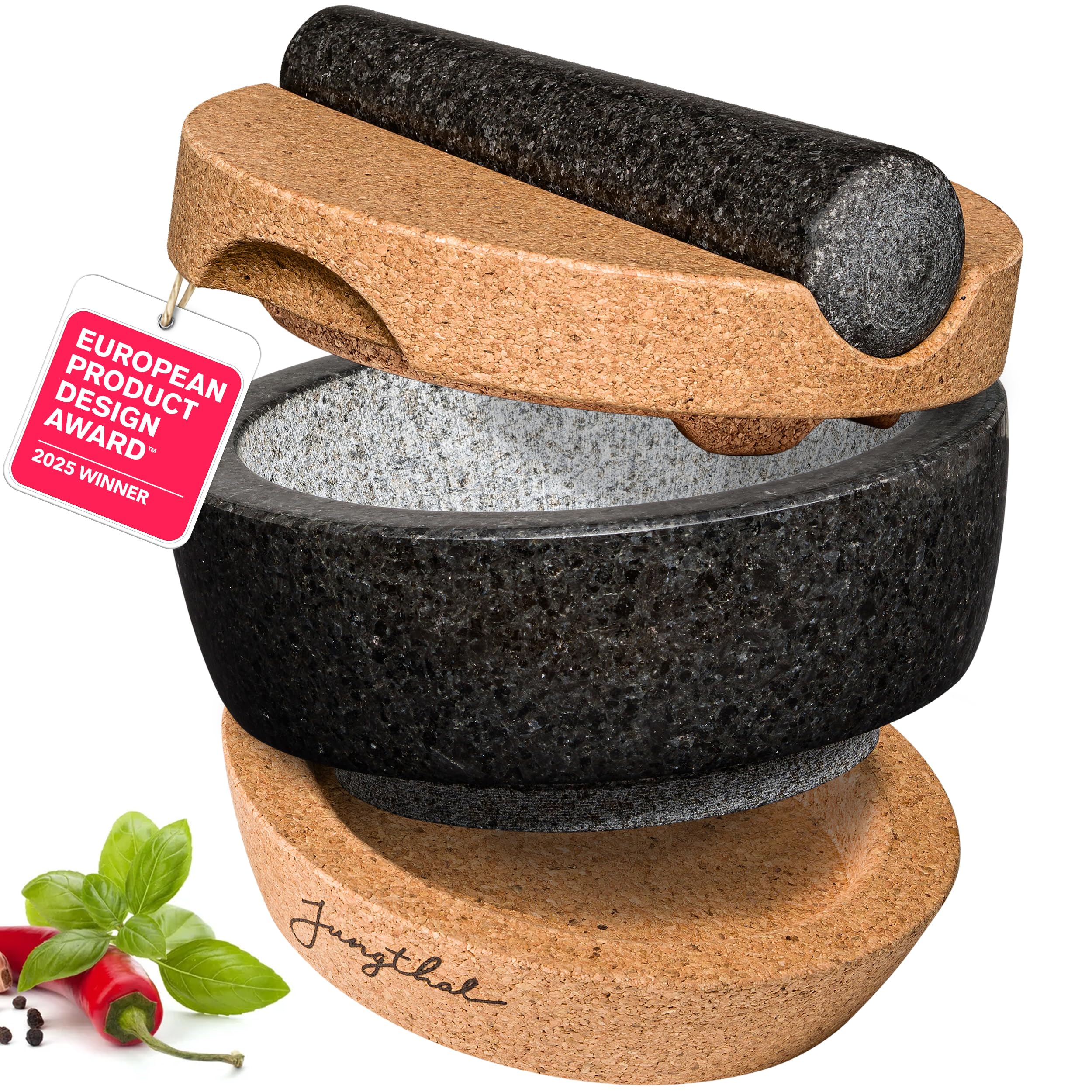 Mörser mit Stößel im Set | Granit + Kork in prämiertem Design | Natürlich, edel und 100% rutschfest | Ø 16 cm groß | Steinmörser für Kräuter und Gewürze | Mortar & Pestle