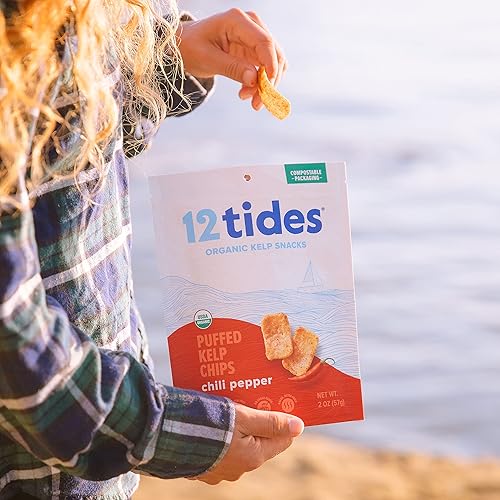 Miniatura 5 de 12 Tides Chips de algas orgánicas infladas  Chips de algas a base de plantas, sin OMG, sin gluten, sin azúcar añadido, chips de verduras marinas,
