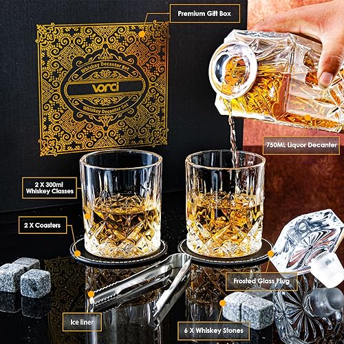 Miniatura 7 de Juego de decantador de whisky, juego de decantador de cristal con 2 vasos, regalos de cumpleaños para hombres, juegos de vasos de whisky para