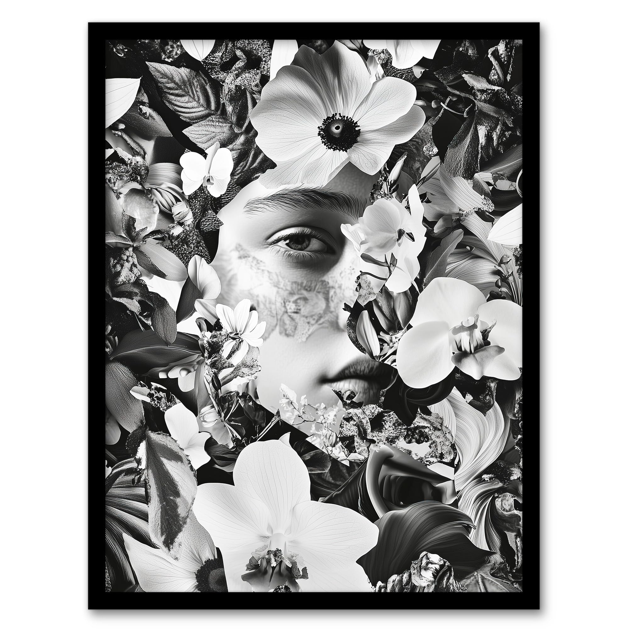 Artery8 Spring Face Flower Blooms Black White Collage Living Room Artwork Framed Wall Art Print 18X24 Inch