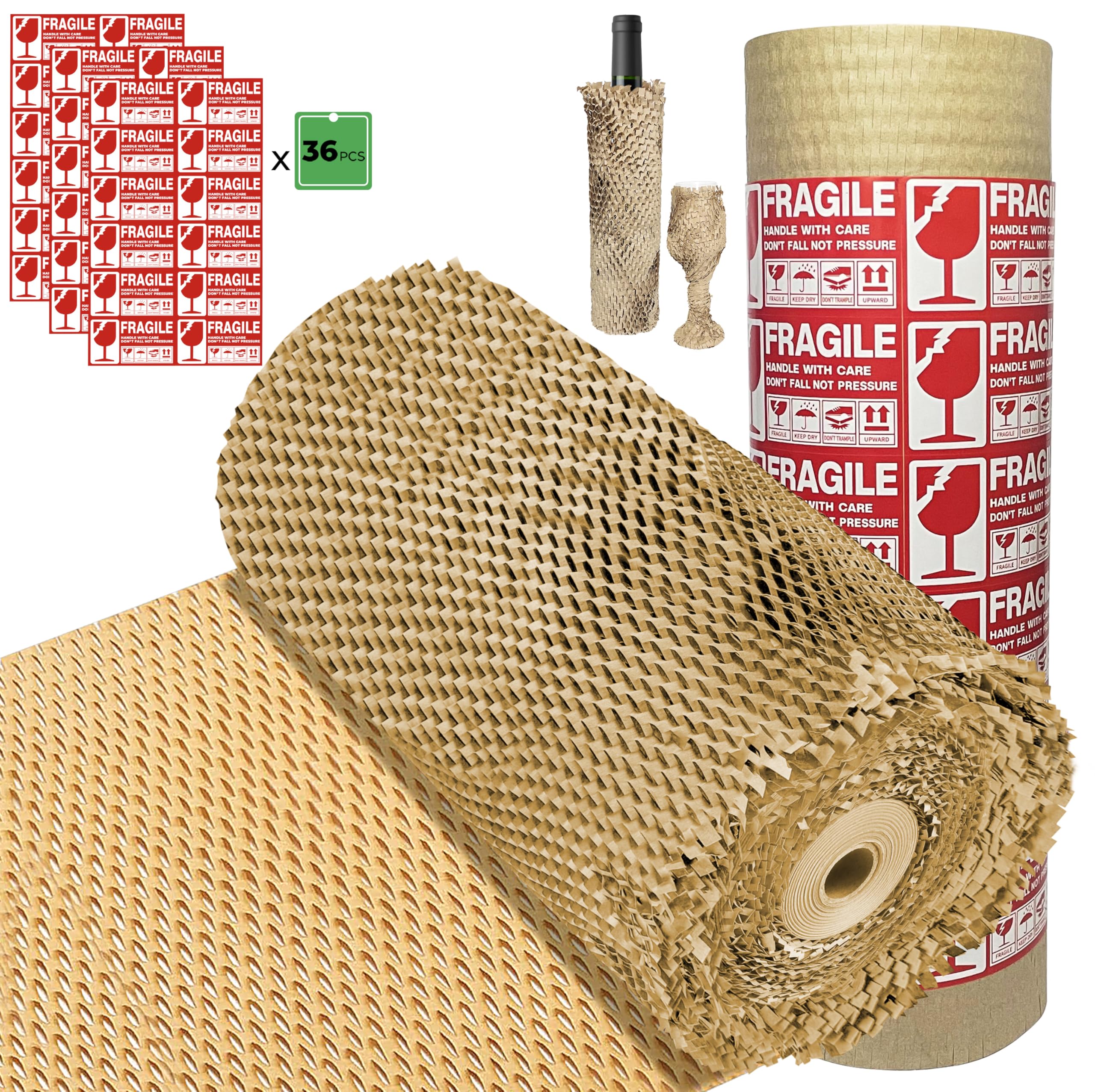 Papel de embalaje de panal, reemplazo de envoltura de burbujas, embalaje reciclable ecológico para mudanza, embalaje y envío con 36 etiquetas adhesivas frágiles