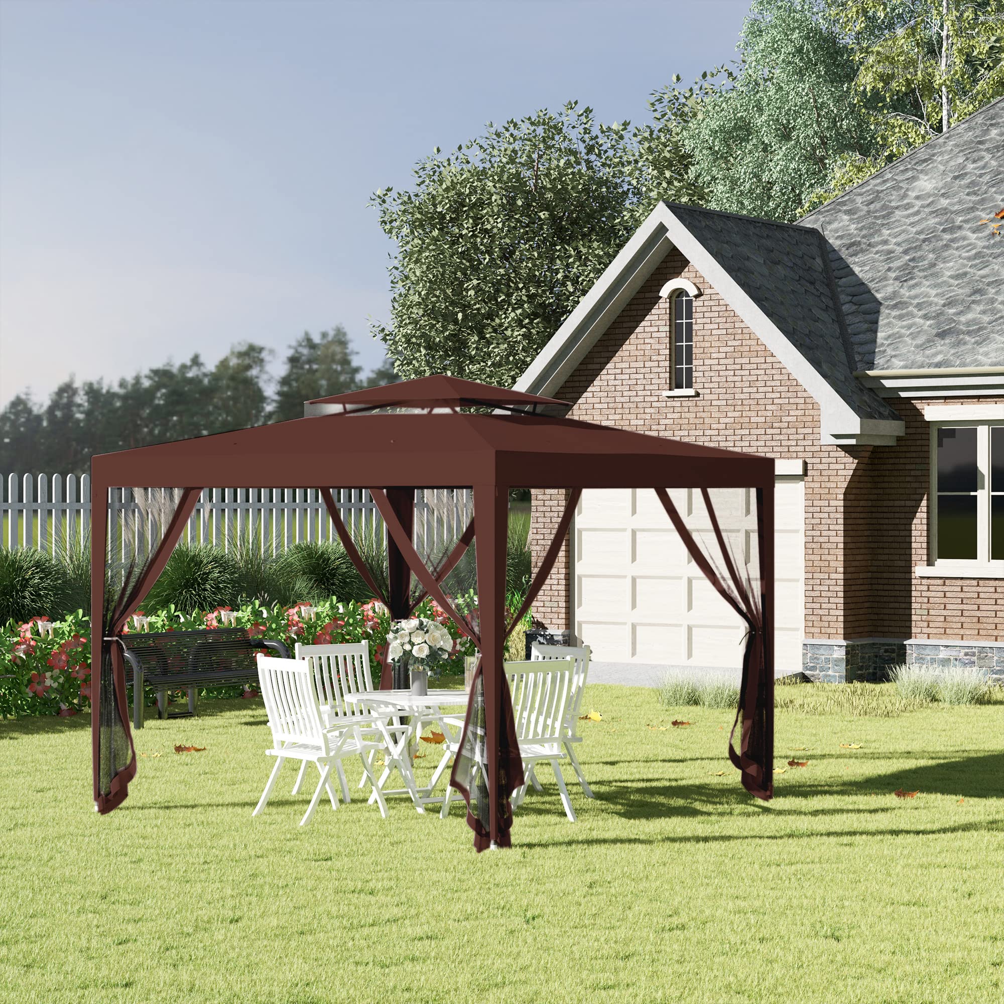 Outsunny Tonnelle Barnum de Jardin 3L x 3l m avec 4 moustiquaires Amovibles - Double Toit - Marron
