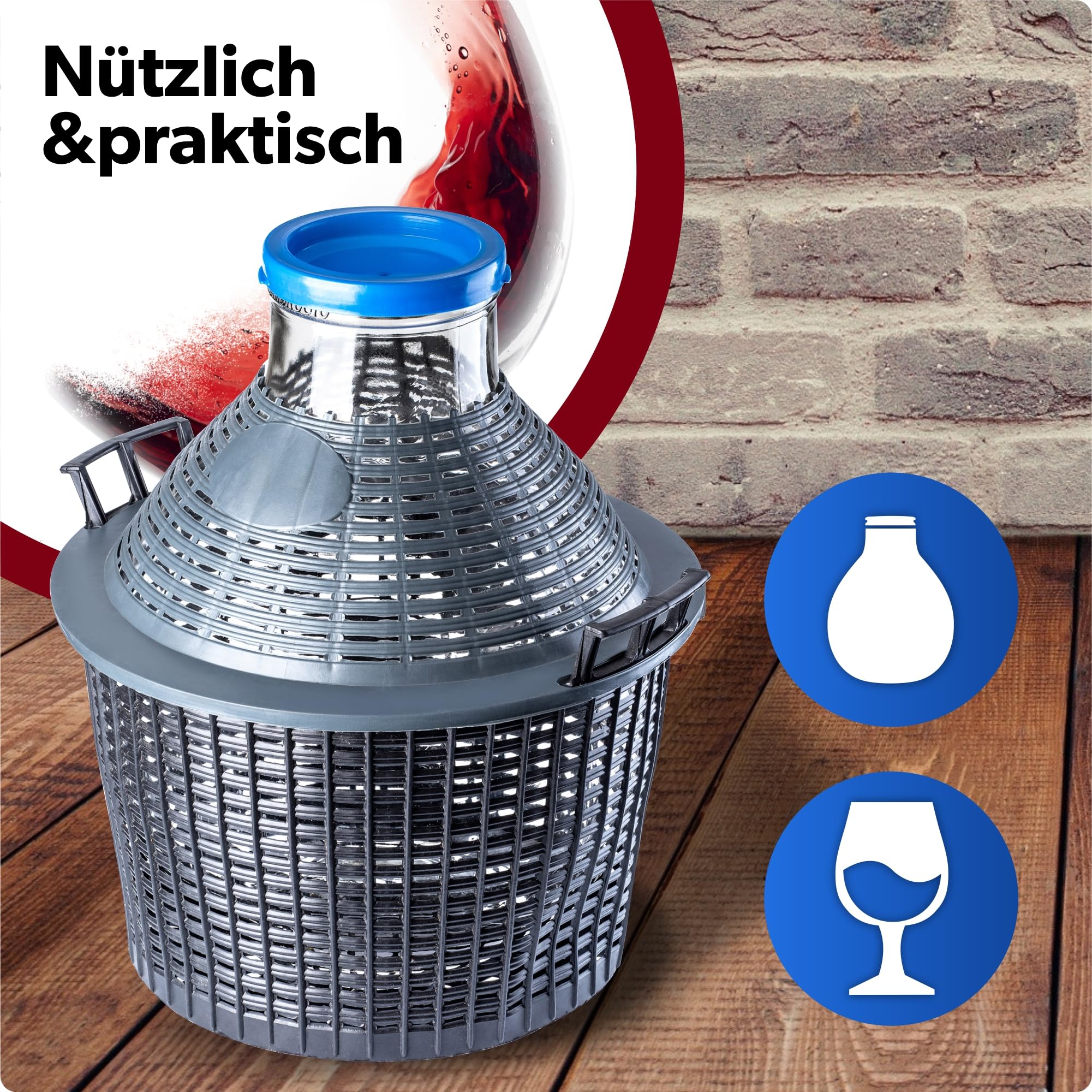 KADAX Glasballon, Gärballon mit Kunststoffkorb, Weite Öffnung, Gummistopfen, Weinballon, Glasgärballon, Flasche, Glasflasche, Gallone, Gärbehälter, Gäreimer (10L)