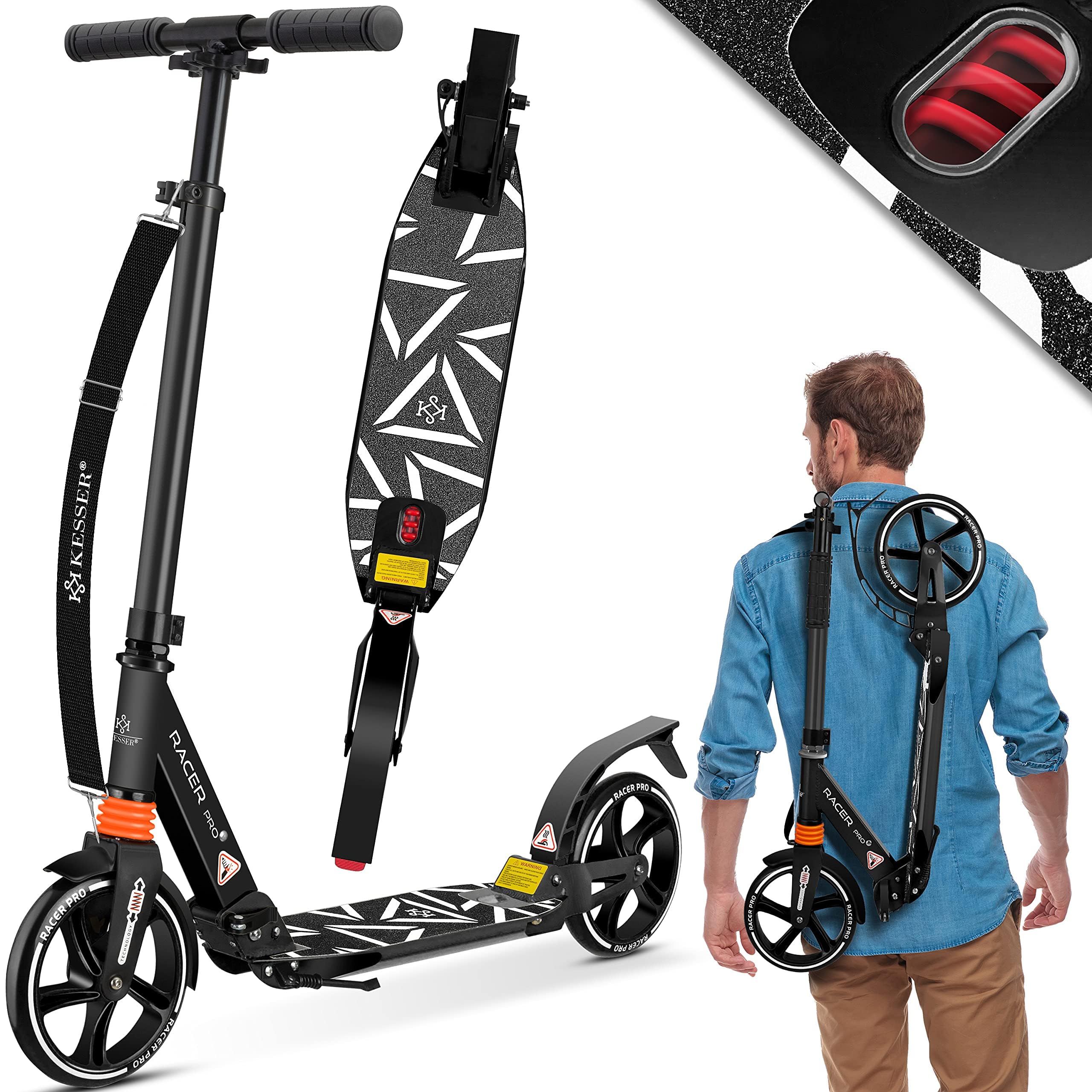 KESSER® City Scooter 205 mm, Ruedas PU Big Wheel - Pro-S Kick Scooter Con Doble Suspensión, Patinete Plegable y Regulable en Altura