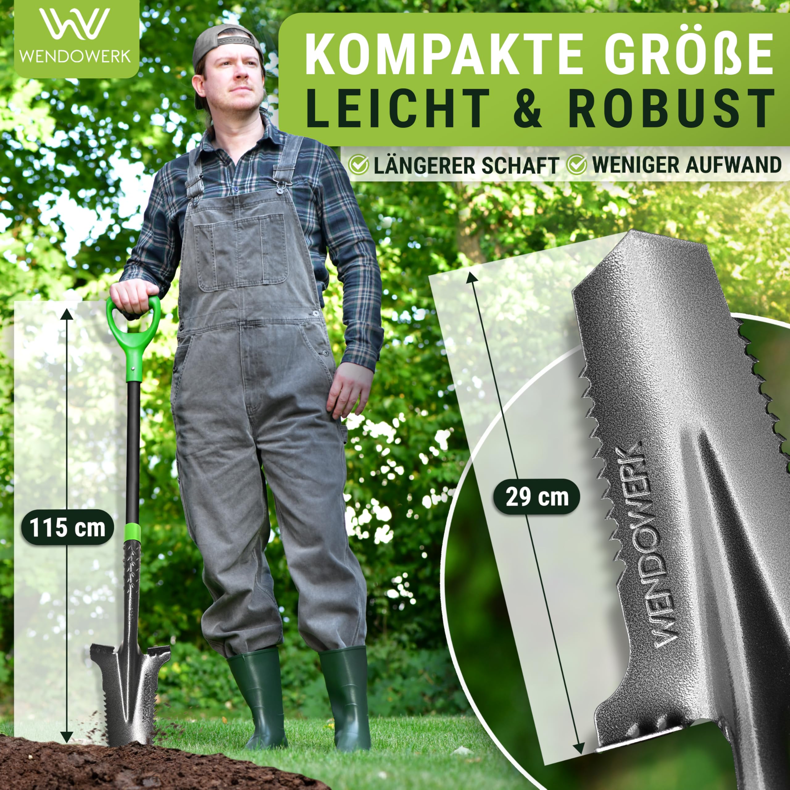 WENDOWERK®️ Spaten mit Wurzelsäge - Wurzelspaten mit extra breiter Trittfläche für harte Böden & ergonomischen Griff - Spaten mit Wurzelsäge für einfaches Graben im Garten - Stabiler Gartenspaten