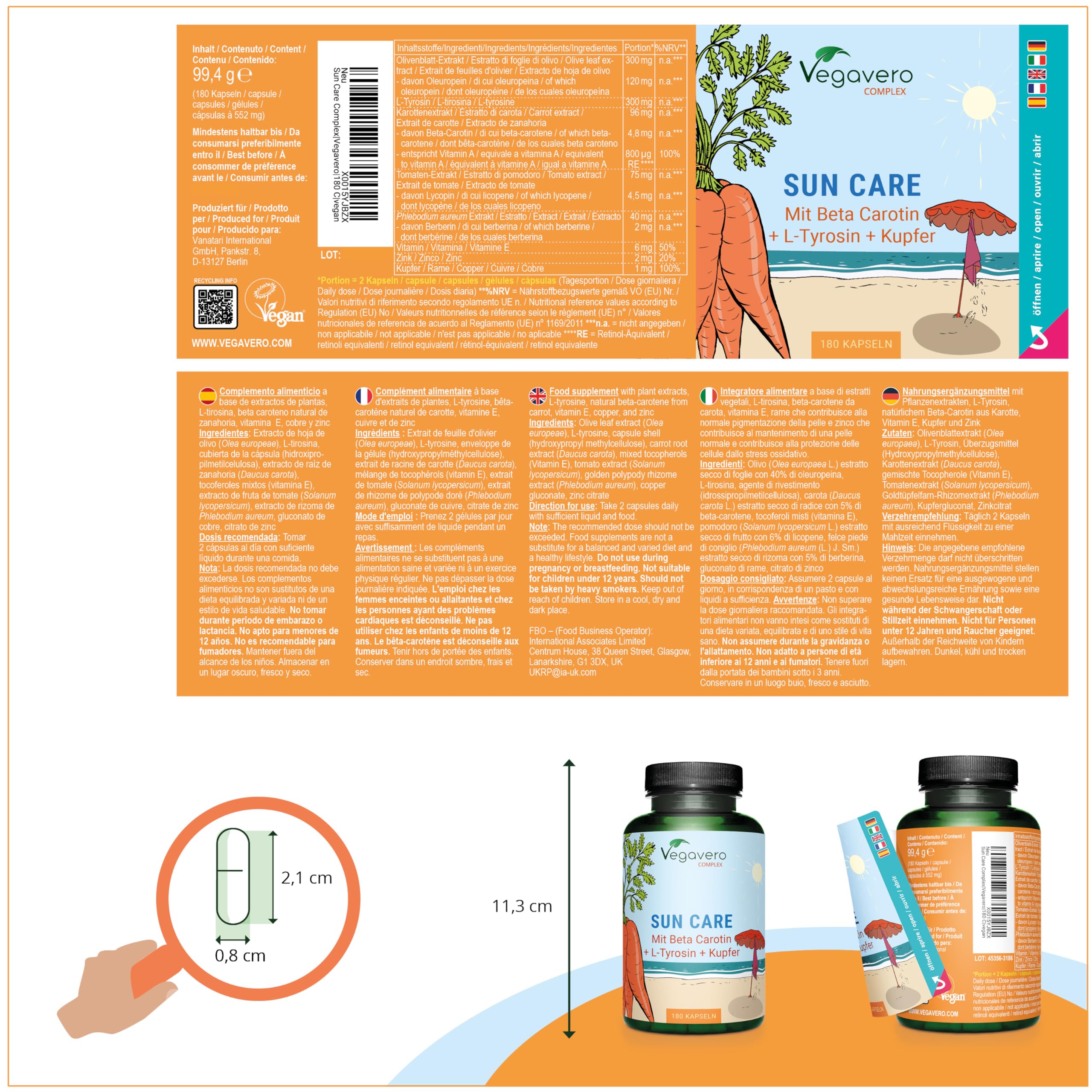 Integratore ABBRONZATURA Vegavero® | 180 capsule | Attivatore Melanina* | con Betacarotene, Vitamina E (Tocoferolo), L-Tirosina, Oleuropeina, Rame e Zinco | Vegan