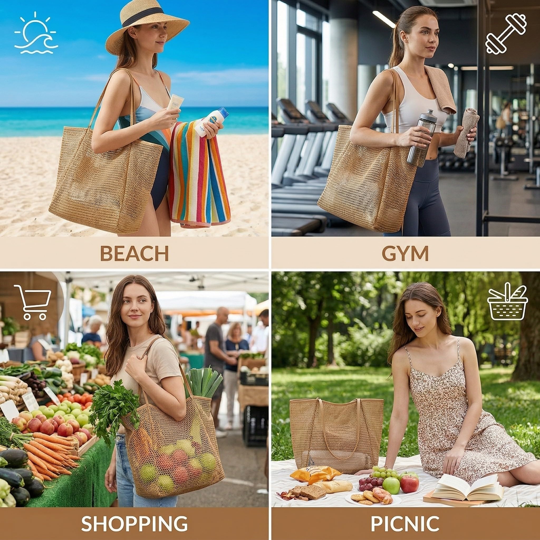 Borsa Mare Donna Grande Pieghevole in Nylon 35x17x37cm Marrone