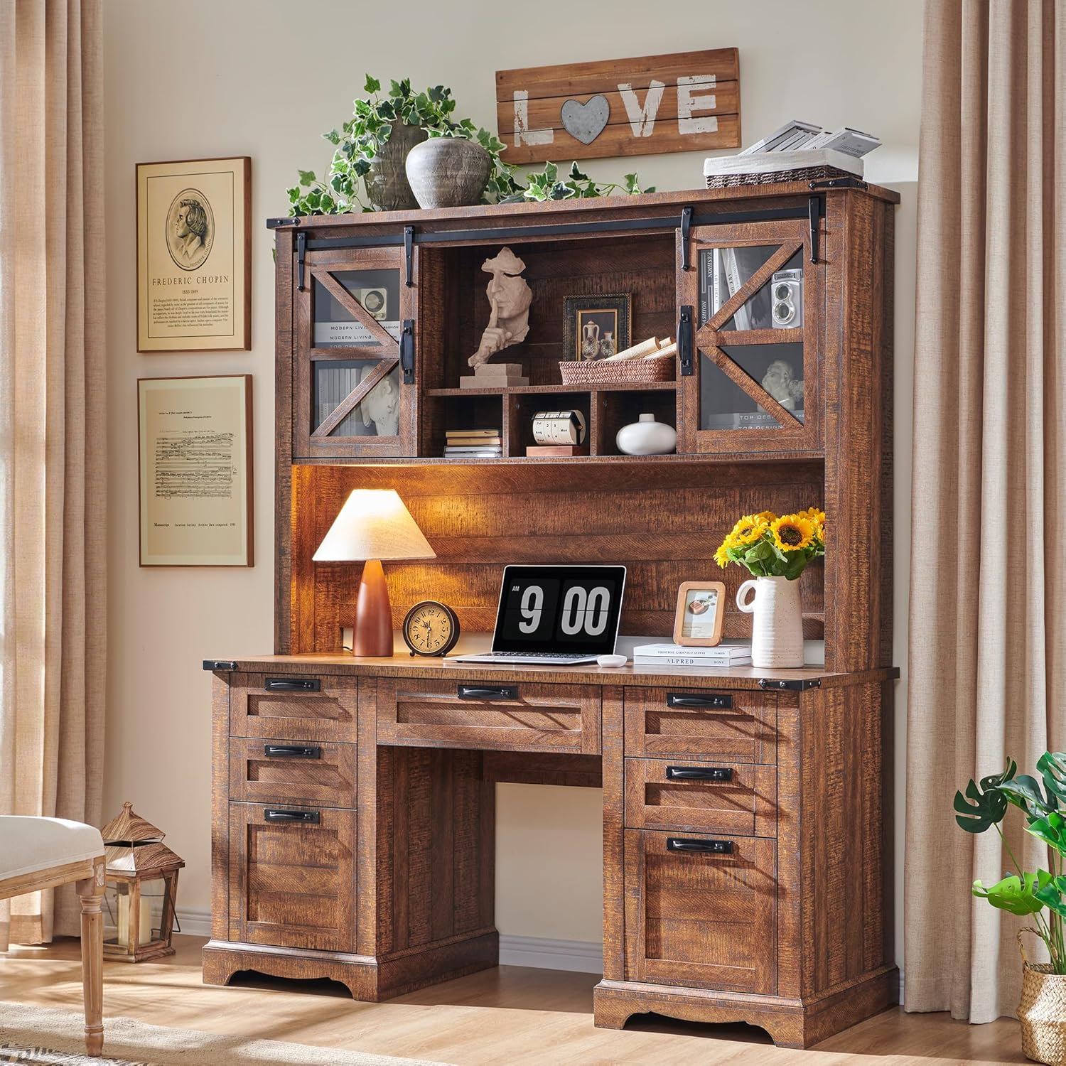 RedLemon 60 inch Farmhouse Desk with Hutch in Reclaimed Barnwood finish, showcasing its full design with a laptop, lamp, and decorative items.