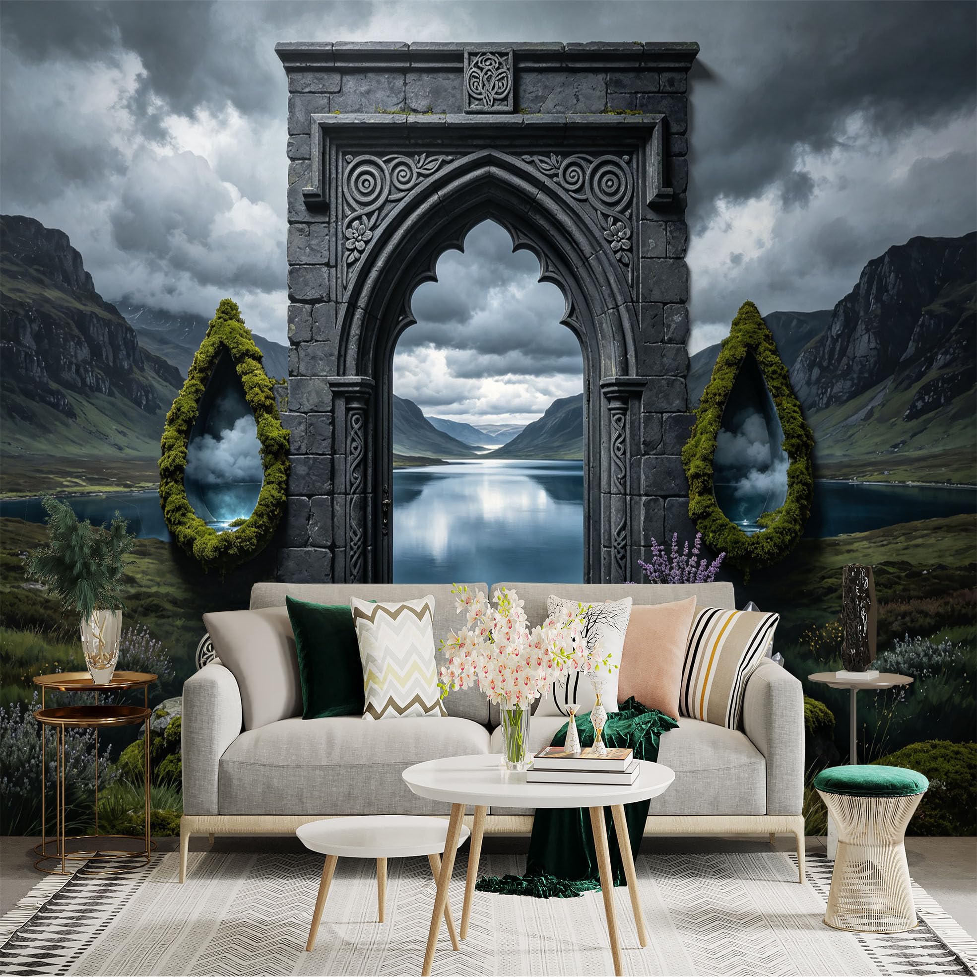 Custom Size Wall Sticker Mural， Gothic Stone Archway， Mystic Lake Valley， Dark Fantasy Landscape， for wall Decoration， peelandstick wall Decals.