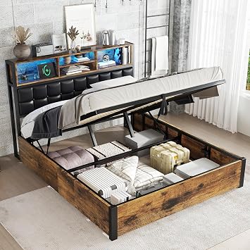 ModernLuxe Double Bed Frame with Charging Port and LED Light Strip, 4FT6 Metal Ottoman Bed with Hydraulic, Headboard with Soft Backrest and Storage Compartments, Iron and MDF, Black + Wood, 135x190cm