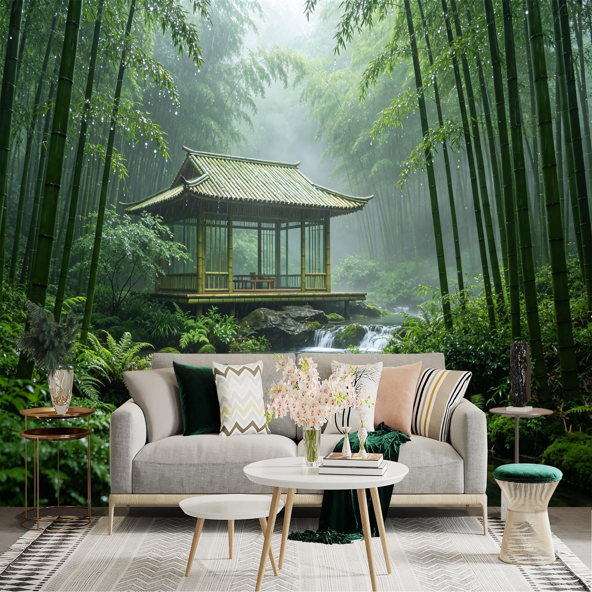 Custom Size Wall Sticker Mural， Bamboo Forest with Waterfall and Zen Pavilion， for wall Decoration， peelandstick wall Decals.