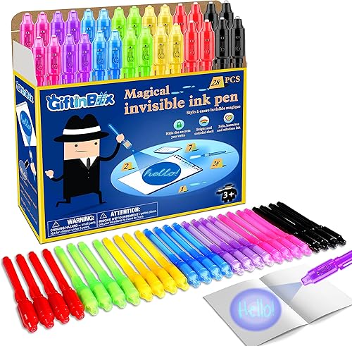 GIFTINBOX Bolígrafo de tinta invisible, 28 bolígrafos de tinta invisible con luz UV para niños, juego de recuerdos de fiesta, premio de aula para