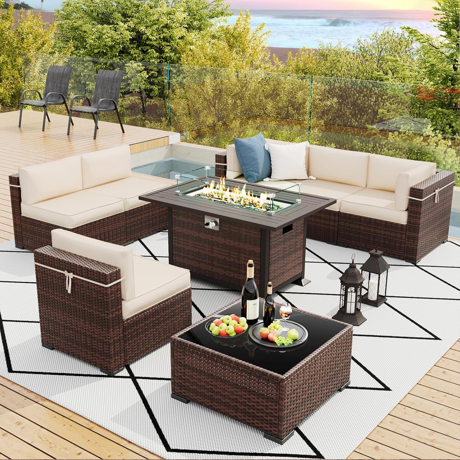 Amopatio 8 Pieces Patio Furniture Set Outdoor with Gas Fire Pit Table, PE Wicker Pit Conversation Set, 44" Gas Fire Patio Sectional Furniture with Cream Cushions, Coffee Table, Waterproof Covers