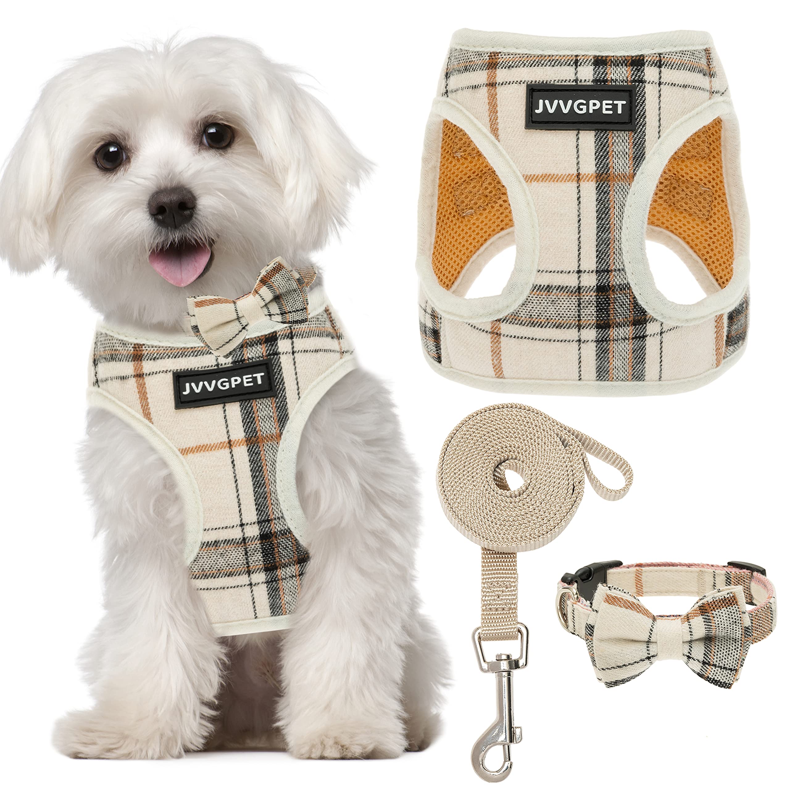 JVVGPET Dog Harness for Small Dogs - Plaid No Pull Dog Vest Harness and Leash Set - Step in Reflective Adjustable Soft Mesh Full Body Dog Harness for