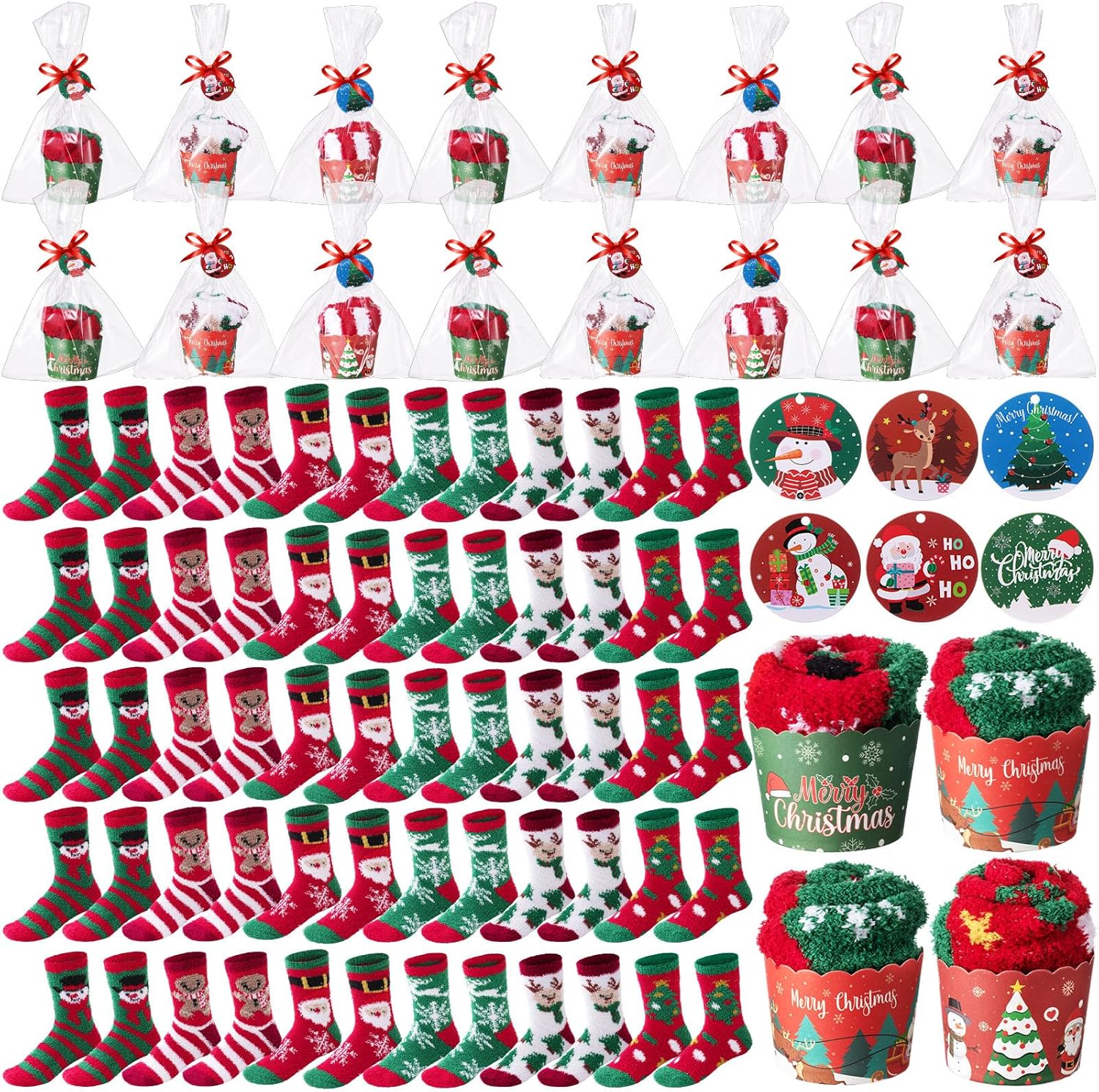 Chicingyou 60 Pairs Valentine's Day Fuzzy Socks Bulk for Women Warm Cupcake Socks DIY Fluffy Slipper Stock for Winter Gifts