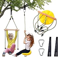 Vista 8 de Columpio para niños, juego de columpios de árbol de disco, accesorios de cuerda ajustable con barras de mono, 1 mosquetón, 2 correas para colgar, 3