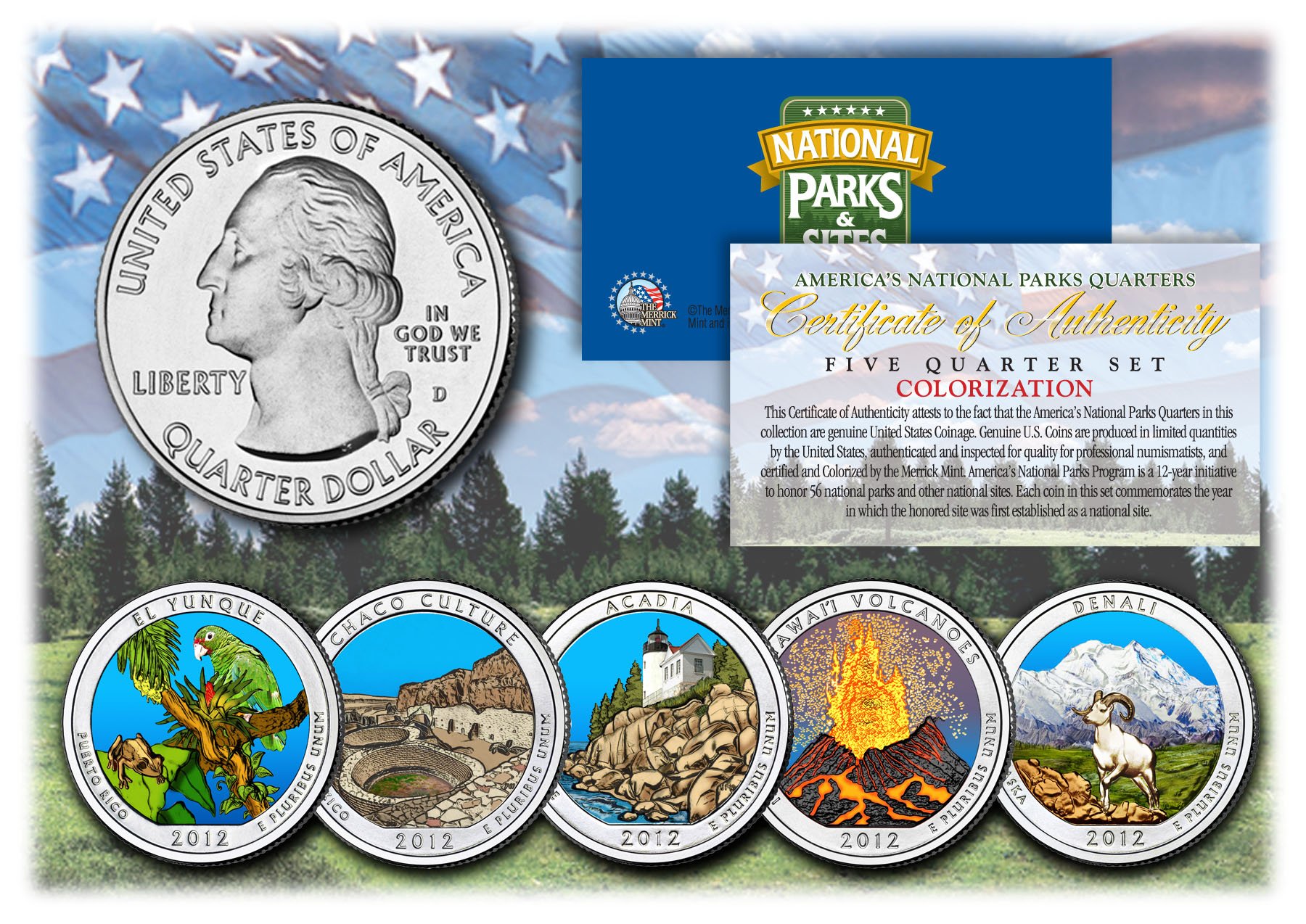 2012 America The Beautiful COLORIZED Quarters U.S. Parks 5-Coin Set w/Capsules by Merrick Mint