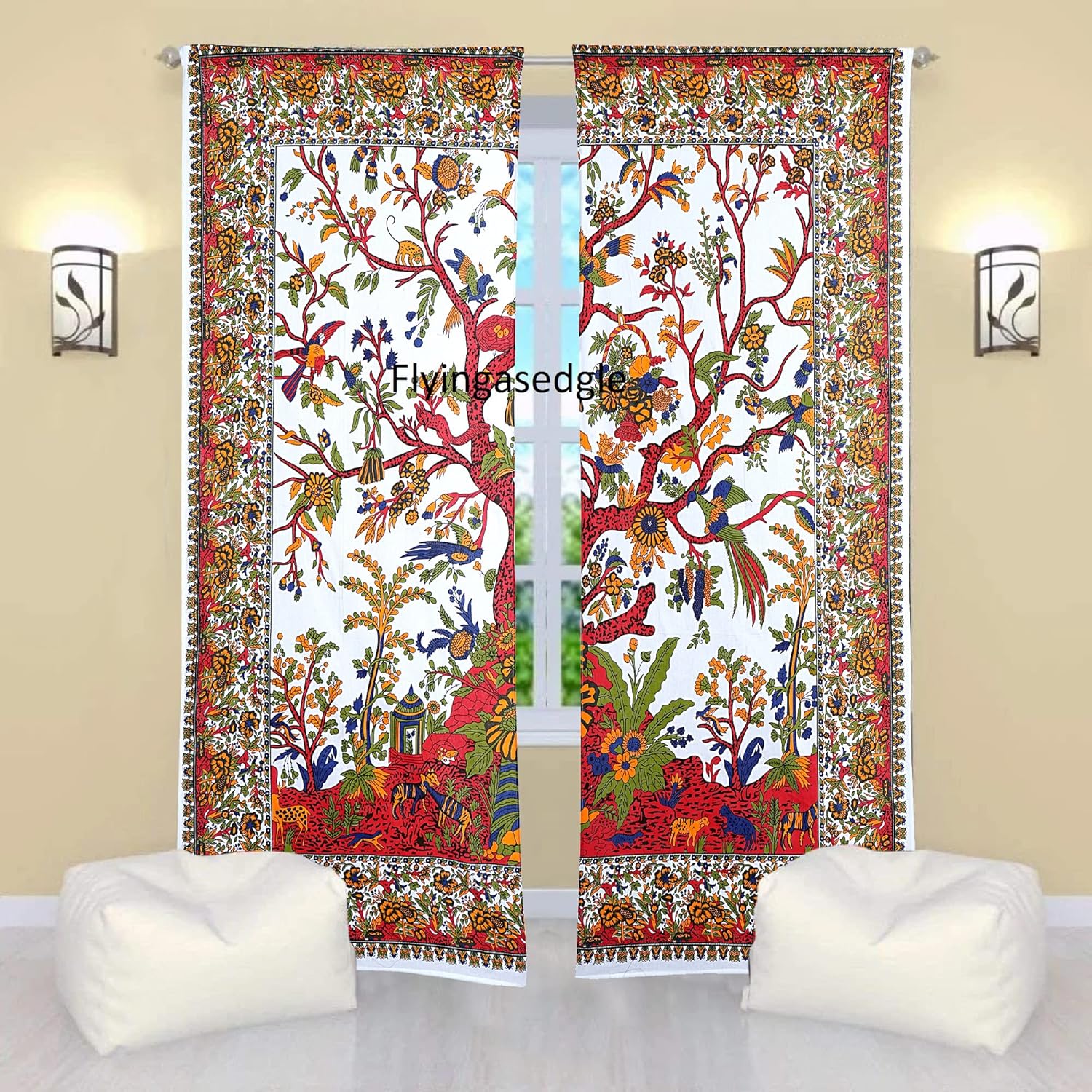 Indian Mandala Curtain Balcony Sheer Room Divider Living Room Bohemian Decor Light-Filtering Blackout Gypsy Door Curtain (82x41 Inches, White T.L)