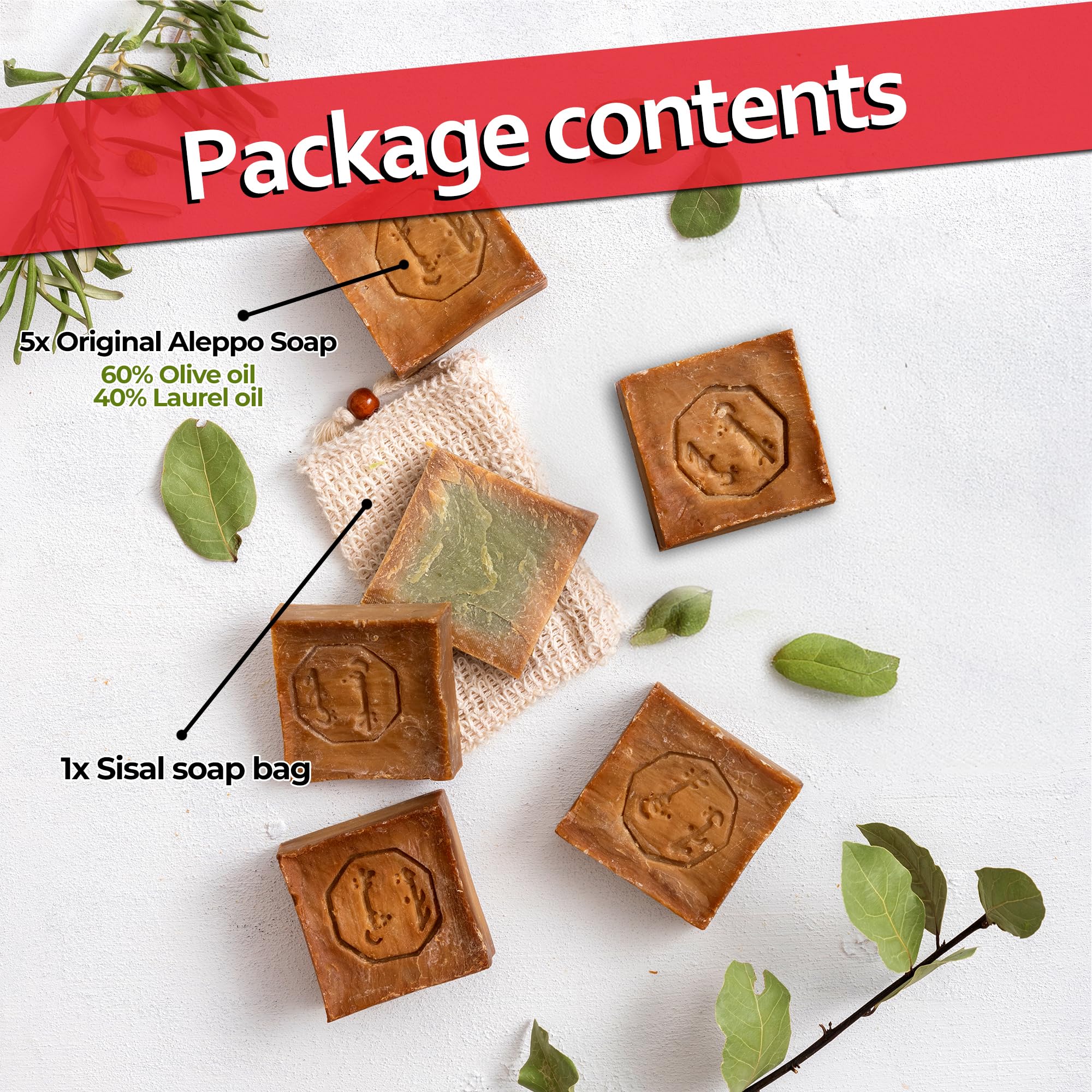 Natura Germania® Aleppo Seife Großpackung | 5x 200g | 60% Olivenöl & 40% Lorbeeröl | Premium Naturseife für Haar & Körper | Vegan & Handgemacht | inkl. Sisal Seifensäckchen