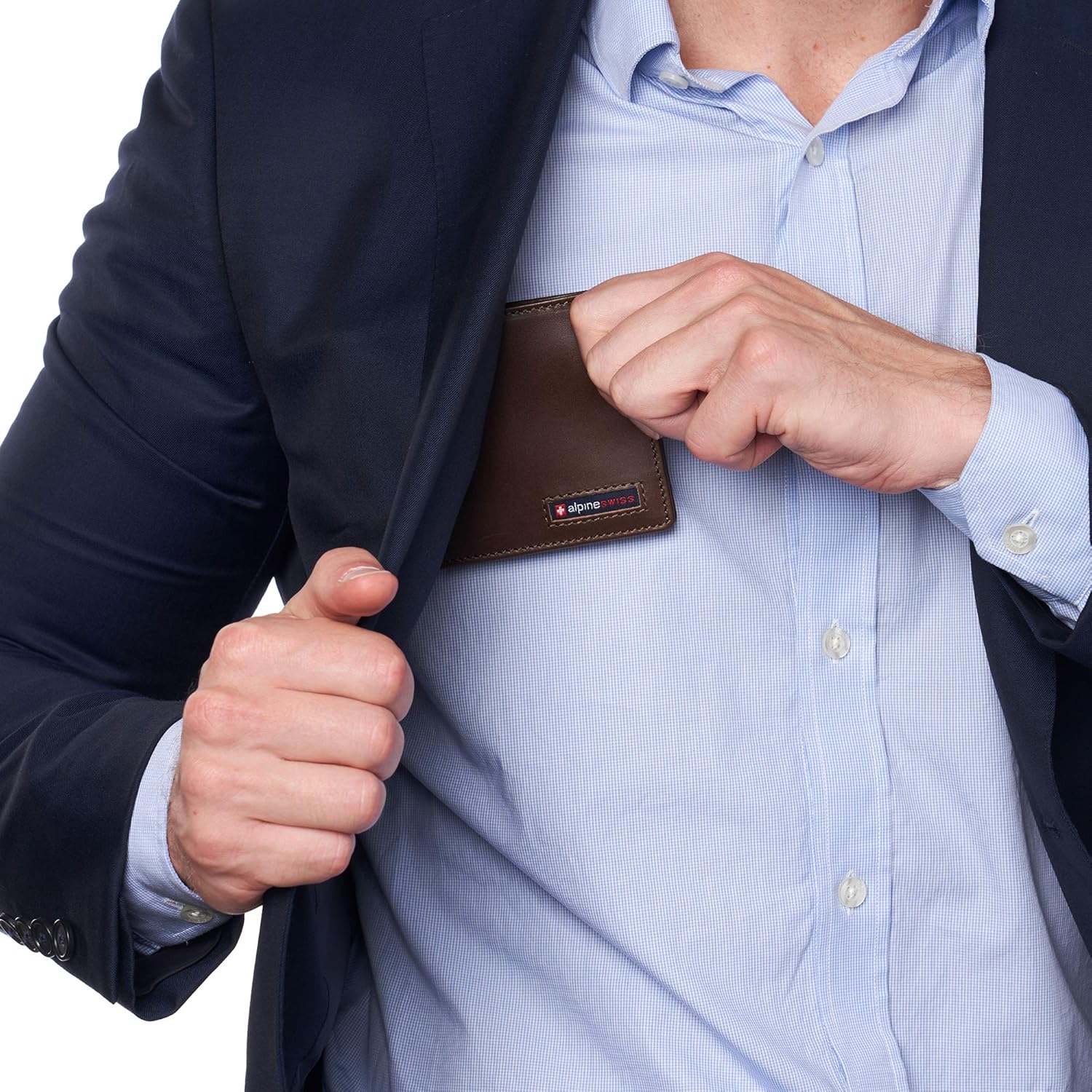 Alpine Swiss Wallet for Men Nolan Commuter Bifold Dual ID Windows for License Work Badge RFID Protection Divided Bill Section Gift Boxed Glossy Nappa Brown - Image 6