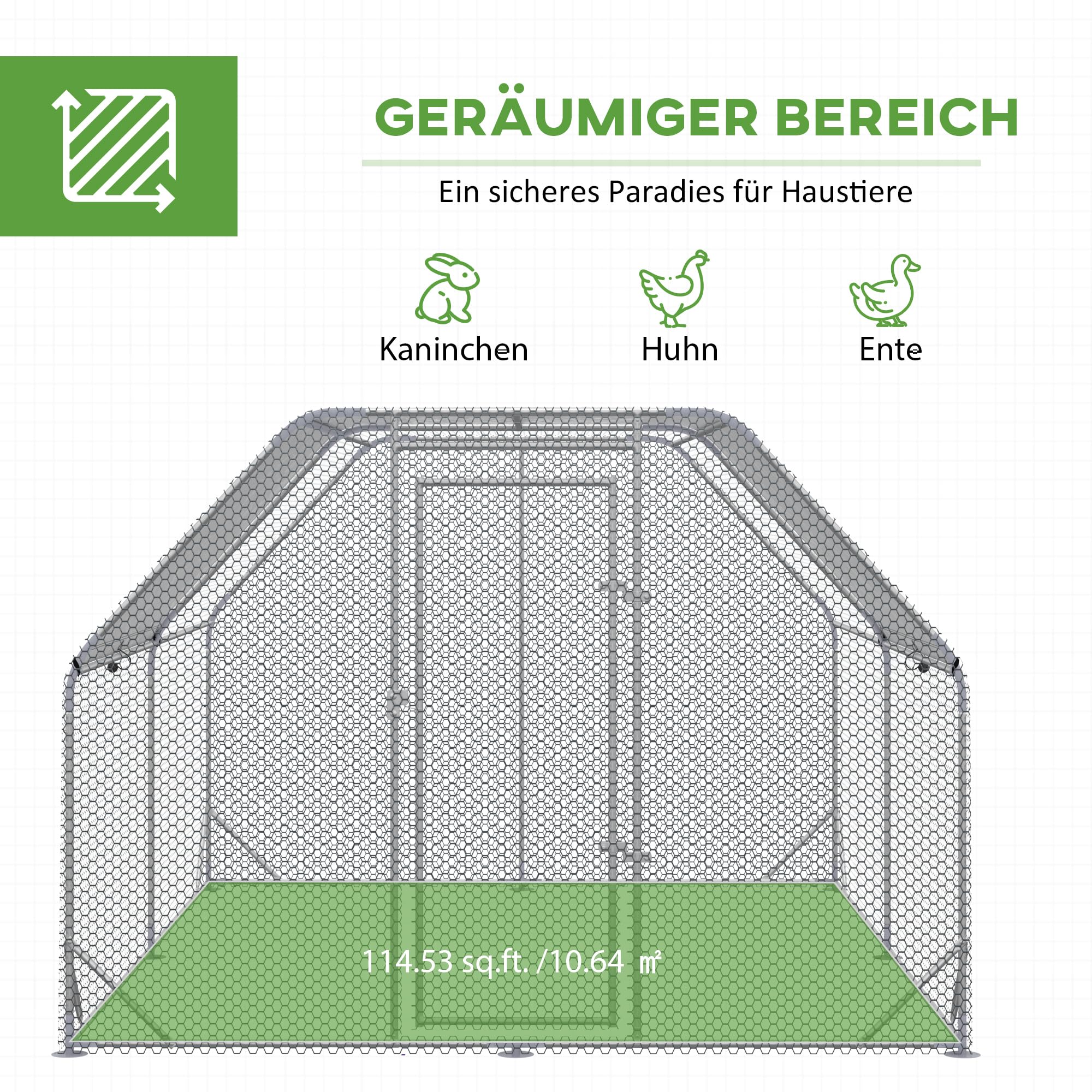 PawHut Hühnerstall Freilaufgehege mit Tür 280 x 380 x 195 cm Silber | Hühnerkäfig, Hühnergehege mit Wasserabweisendem Sonnenschutzdach, Geflügelstall für 10-12 Hühner, Oxford