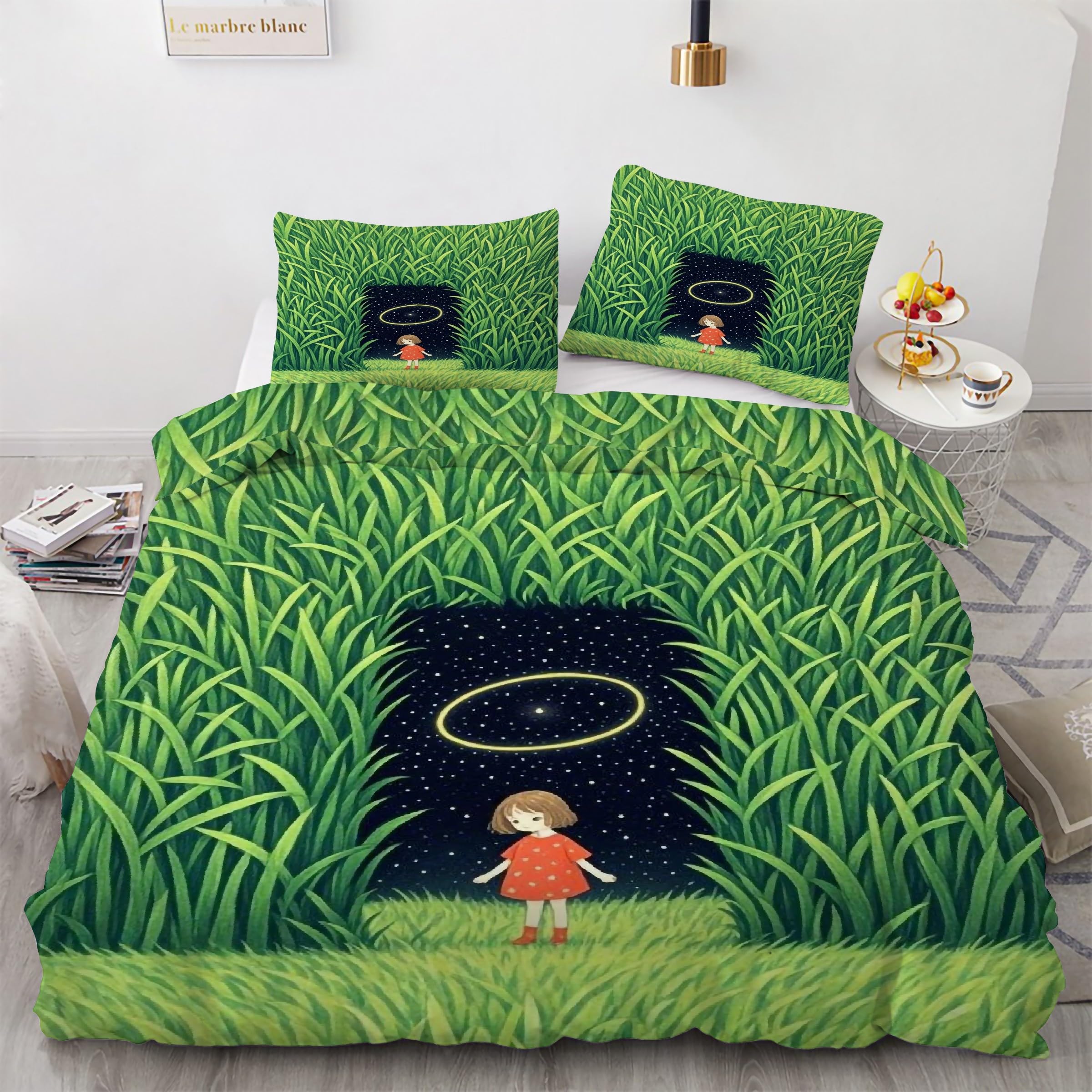 Parure de lit 90x190 fille avec housse de couette imprimé prairie et taies d'oreiller microfibre