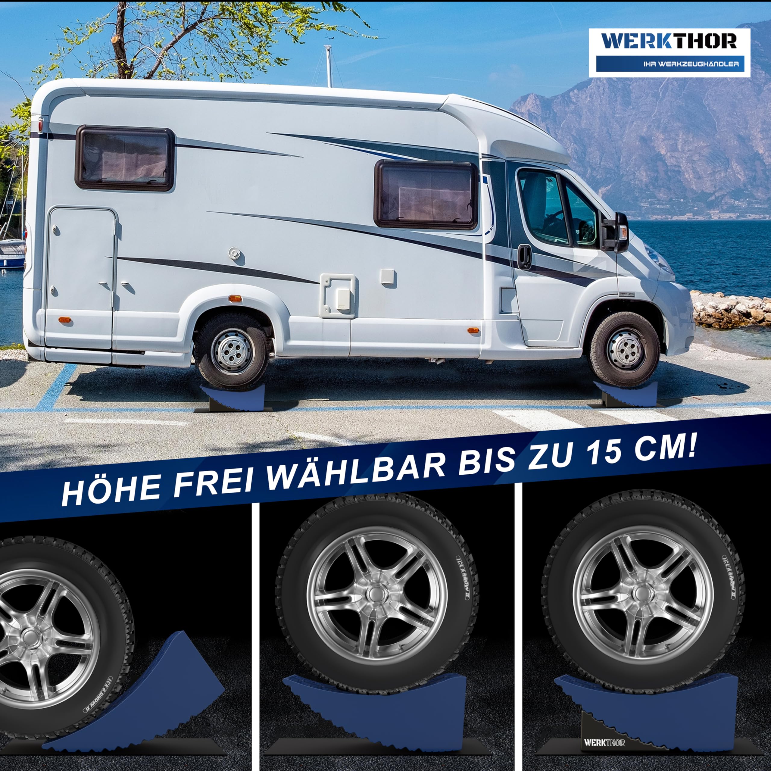 WERKTHOR Auffahrkeile – [2er Set] bewährte Auffahrkeile für Wohnmobil, Wohnwagen & Anhänger | kinderleichtes & Stufenfreies Nivellieren [<13,5t] (Blau XXL)