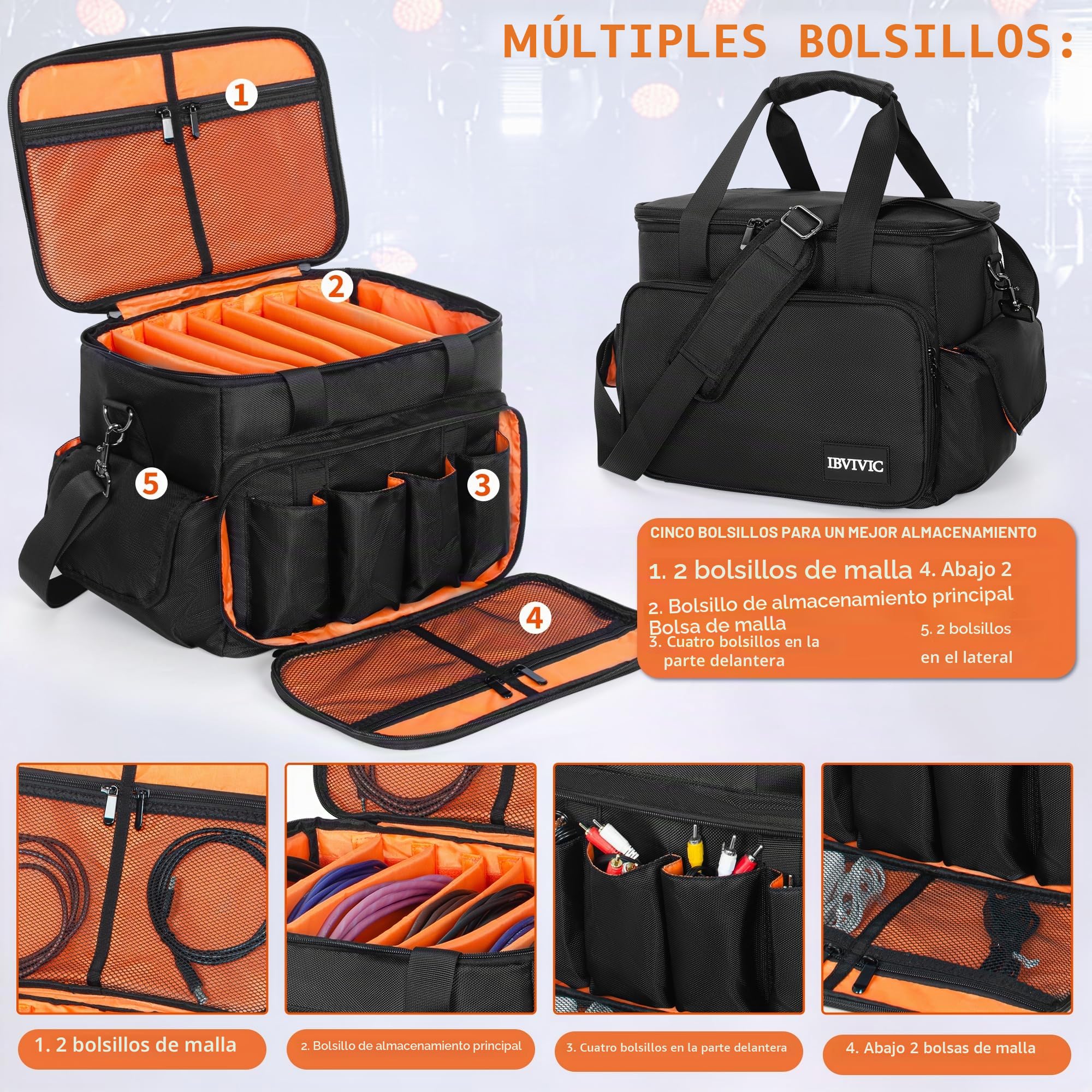 OUUTMEE Bolsa para DJ, Bolsa de Archivos de Cables para DJ, con divisores Ajustables y Dos Bolsillos Separados, 35 x 25 x 30 cm, para Equipo de DJ Profesional, Bolsa de Cables, Instrumentos Musicales
