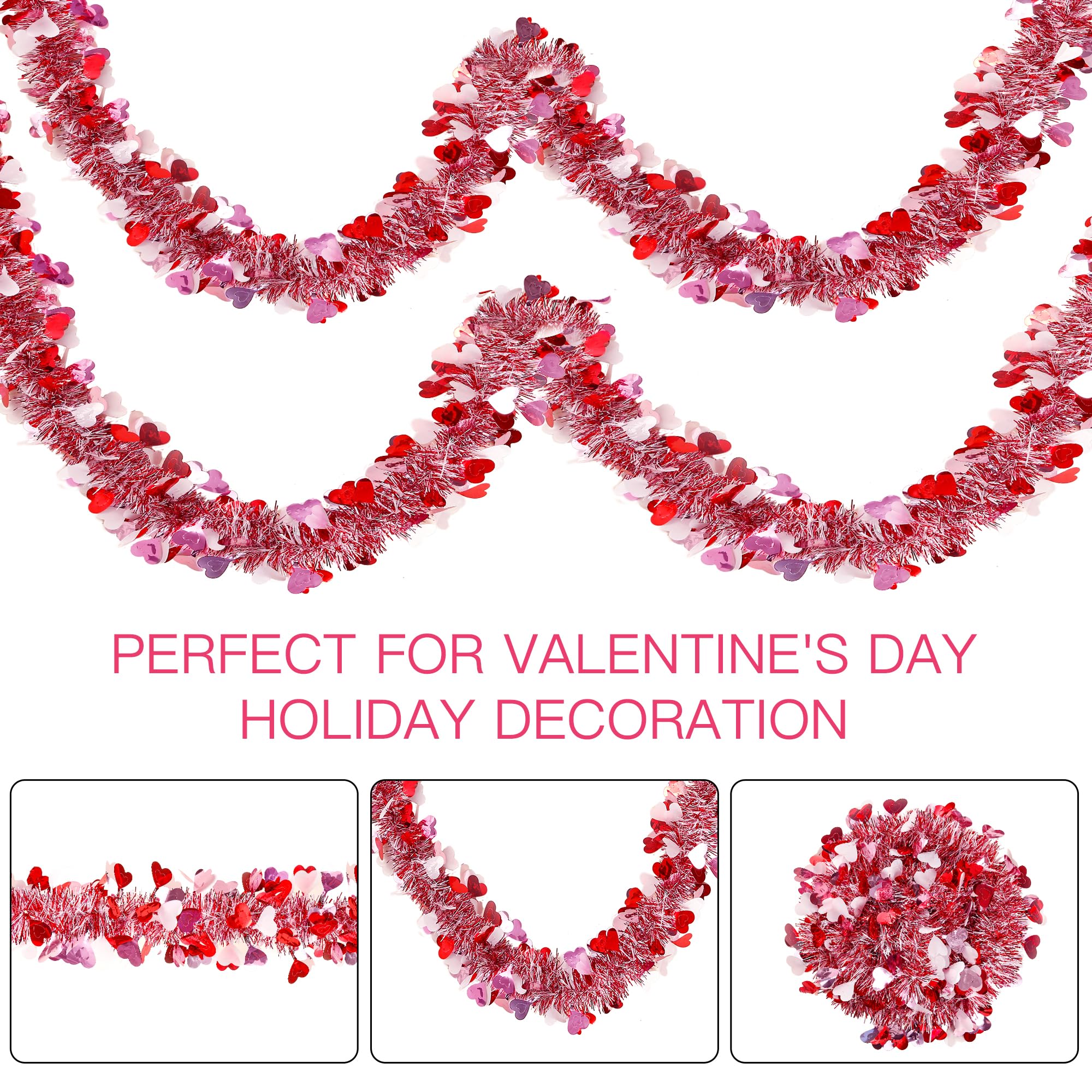Sggvecsy Lametta-Girlande, Herz-Girlande, rosa, rot, weiß, metallisch, gedrehte Girlande, glänzende Deckendekoration, für Valentinstag, Party, Jahrestag, Geburtstag, Urlaub, Innenbedarf
