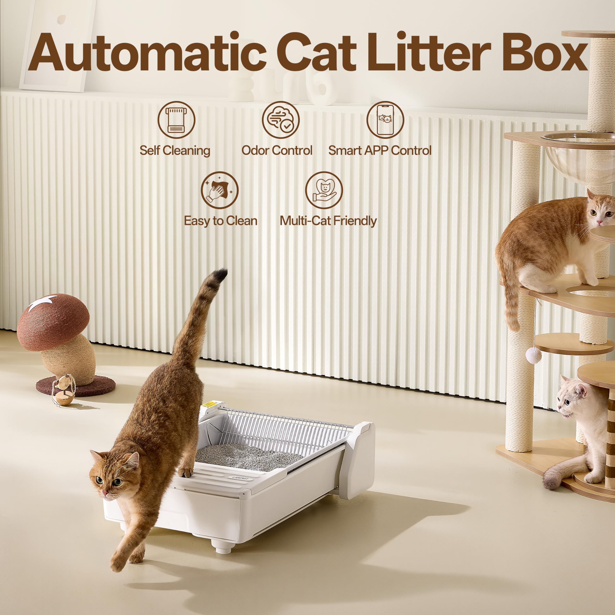 UBPET Lettiera automatica per gatti, lettiera autopulente aperta per più gatti, protezione di sicurezza con sensori di peso, controllo APP intelligente, smaltimento dei rifiuti inodore, funziona con