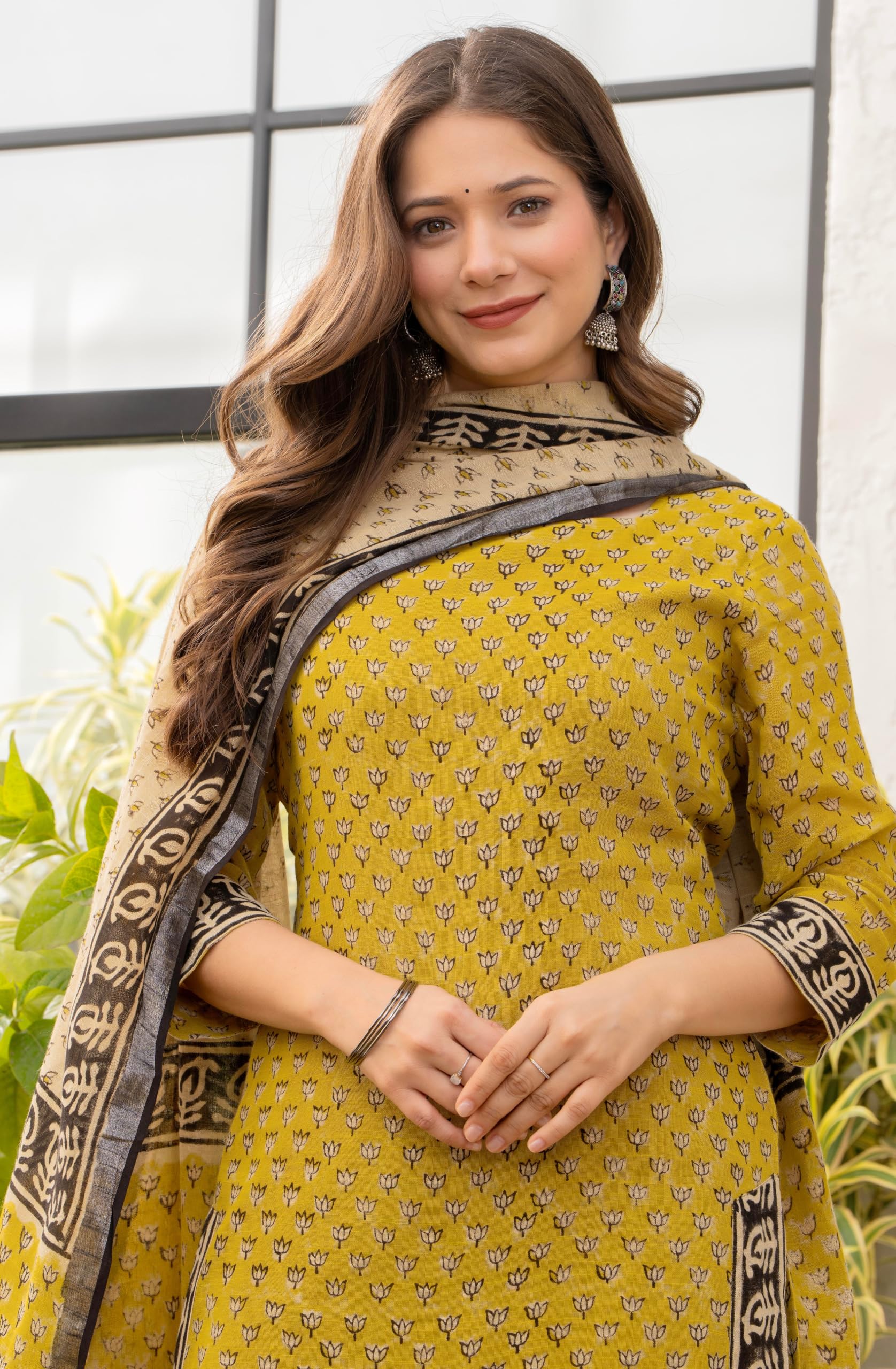 Amayra Women's Pure Cotton Straight Kurta Set with Palazzo Pants & Dupatta|Ethnic wear|Kurta Set for Women(TCK737-N,Yellow,L) 4