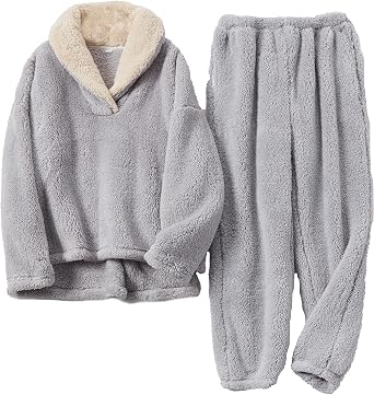 Wanzetaly Womens Fluffy Pajamas Set Fleece Pullover Pants Loose Plush Warm Clothes for Winter Sleepwear