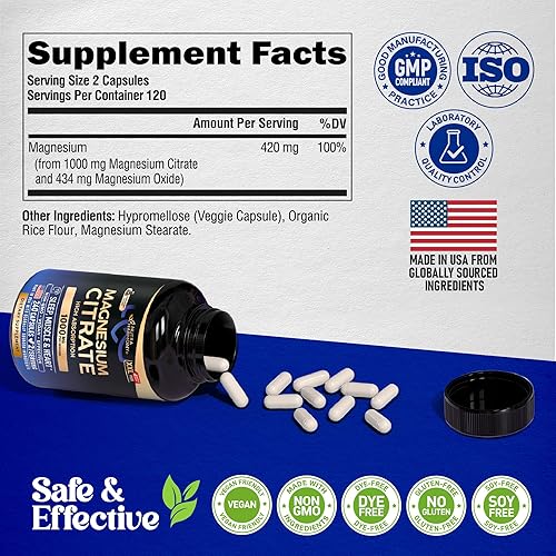 Miniatura 6 de Cápsulas de citrato de magnesio de 1000 mg Suplemento de alta absorción - Soporte para dormir, músculos y corazón - Vegano Sin OMG - Fabricado