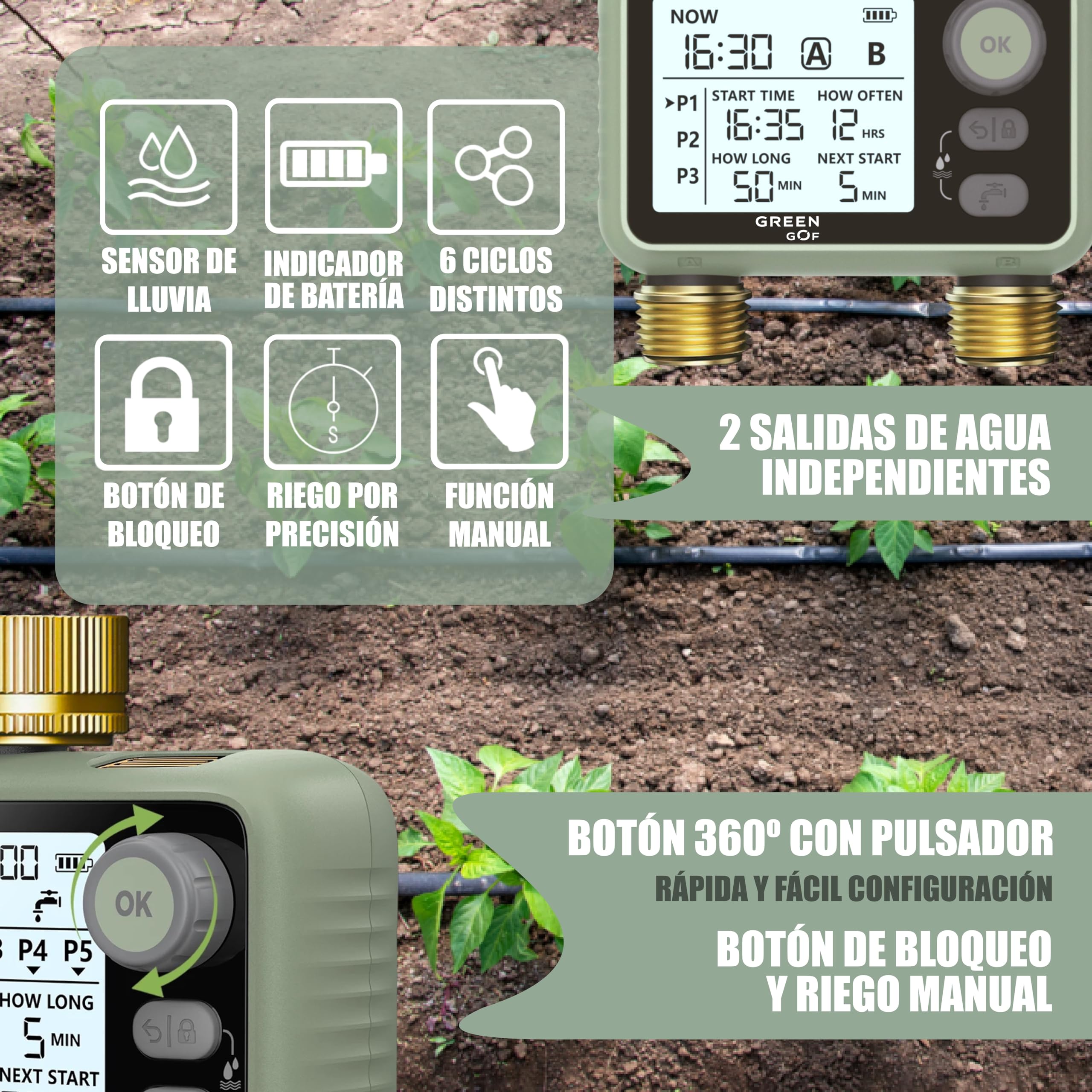 Programmatore di irrigazione Premium - Connettori in ottone - Sensore pioggia - 2 uscite d'acqua - Timer a basso consumo a batterie - 6 programmi indipendenti - Facile e intuitivo.