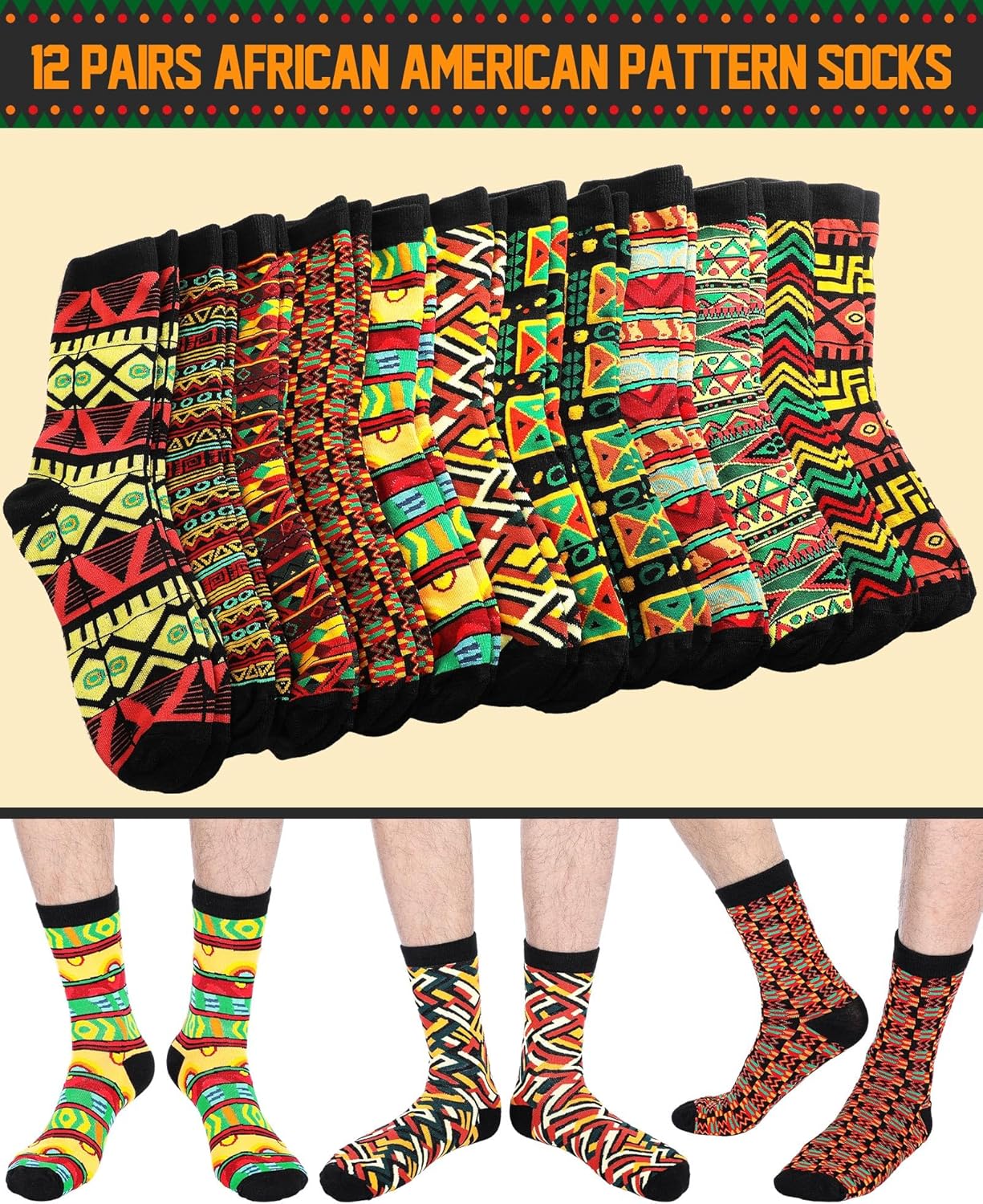 12 Pairs Black History Month Socks for Men Novelty African American Ethnic Pattern Crew Sock Black Power Gift for African Men - Image 2