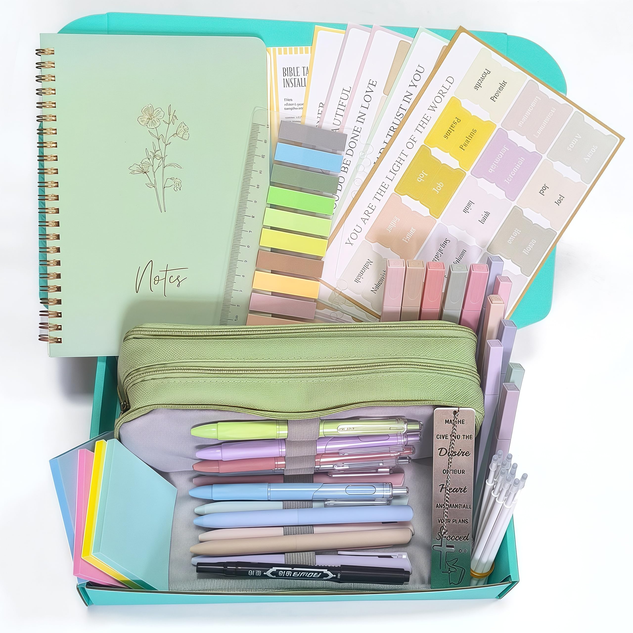 SHINYHARBOR Suministros de estudio bíblico para mujeres y estudiantes, kit bíblico de estudio, accesorios esenciales para el estudio escolar con estuche, bolígrafos y recambios, pestañas de la Biblia