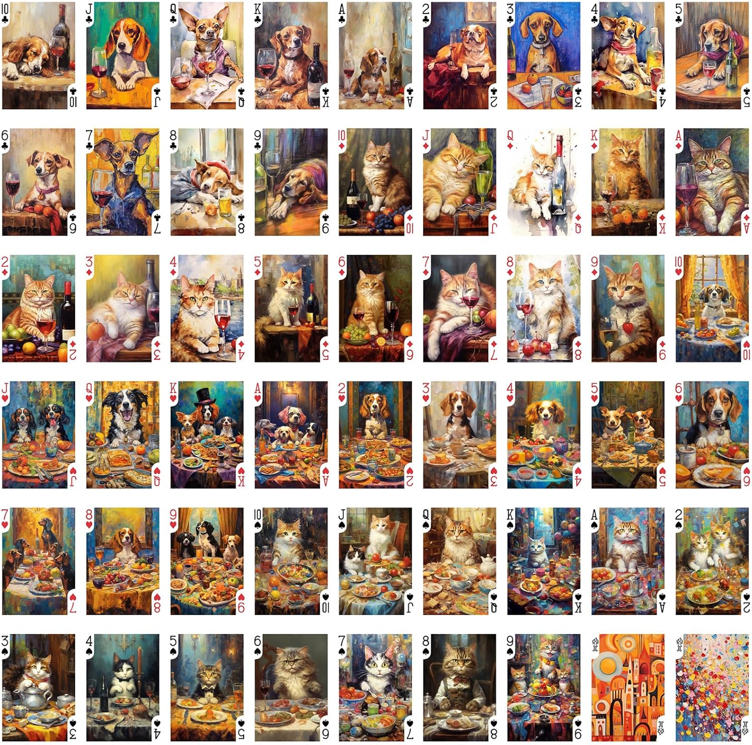 Pets Holiday Dinner Playing Cards (Poker Deck 54 Cards All Different) Cute Cats and Dogs Eating Birthday Dinner and Drinking Wine Vintage Illustration