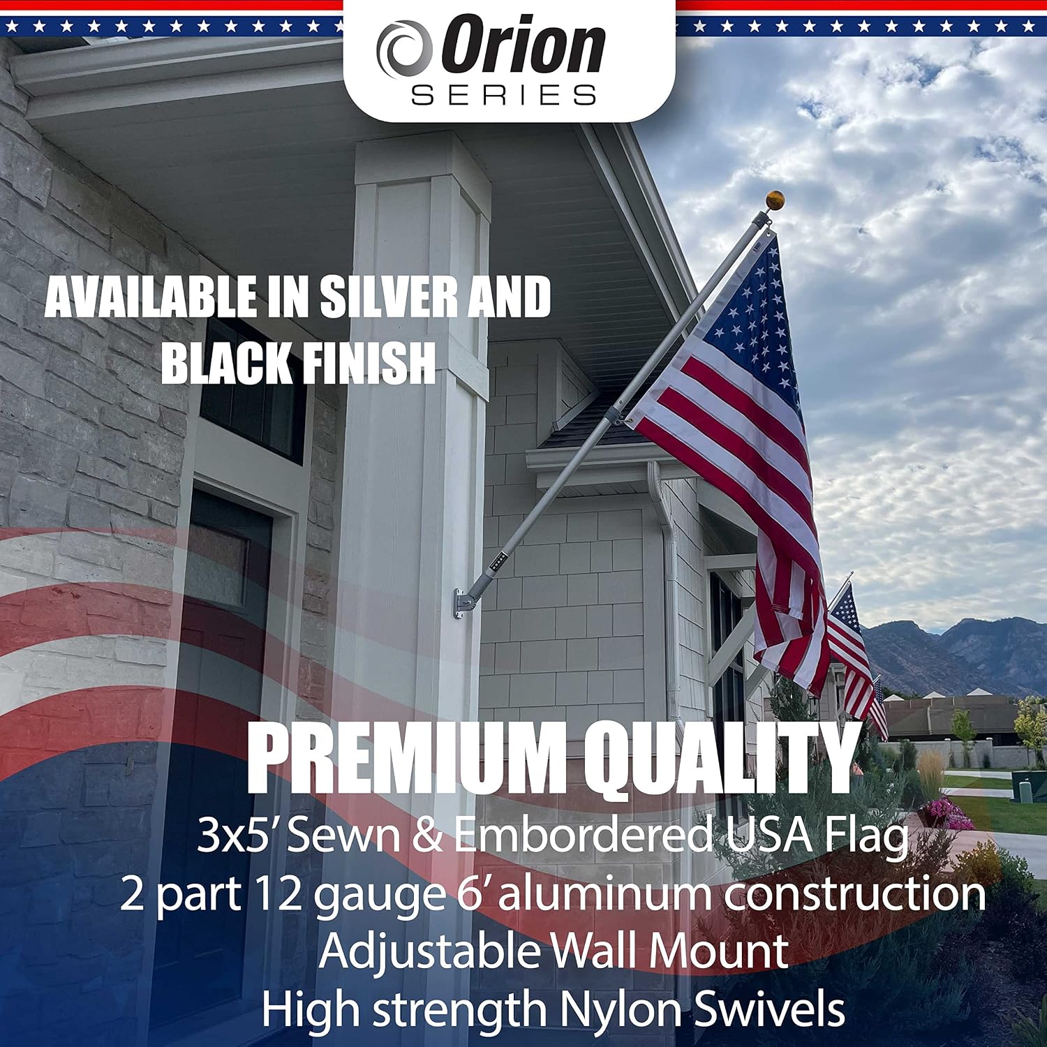 Service First - 6FT Flag Pole Silver Orion Series Heavy Duty Wall Mounted Tangle Free Design - Swivel Rings - Stainless Steel Clips (Silver)