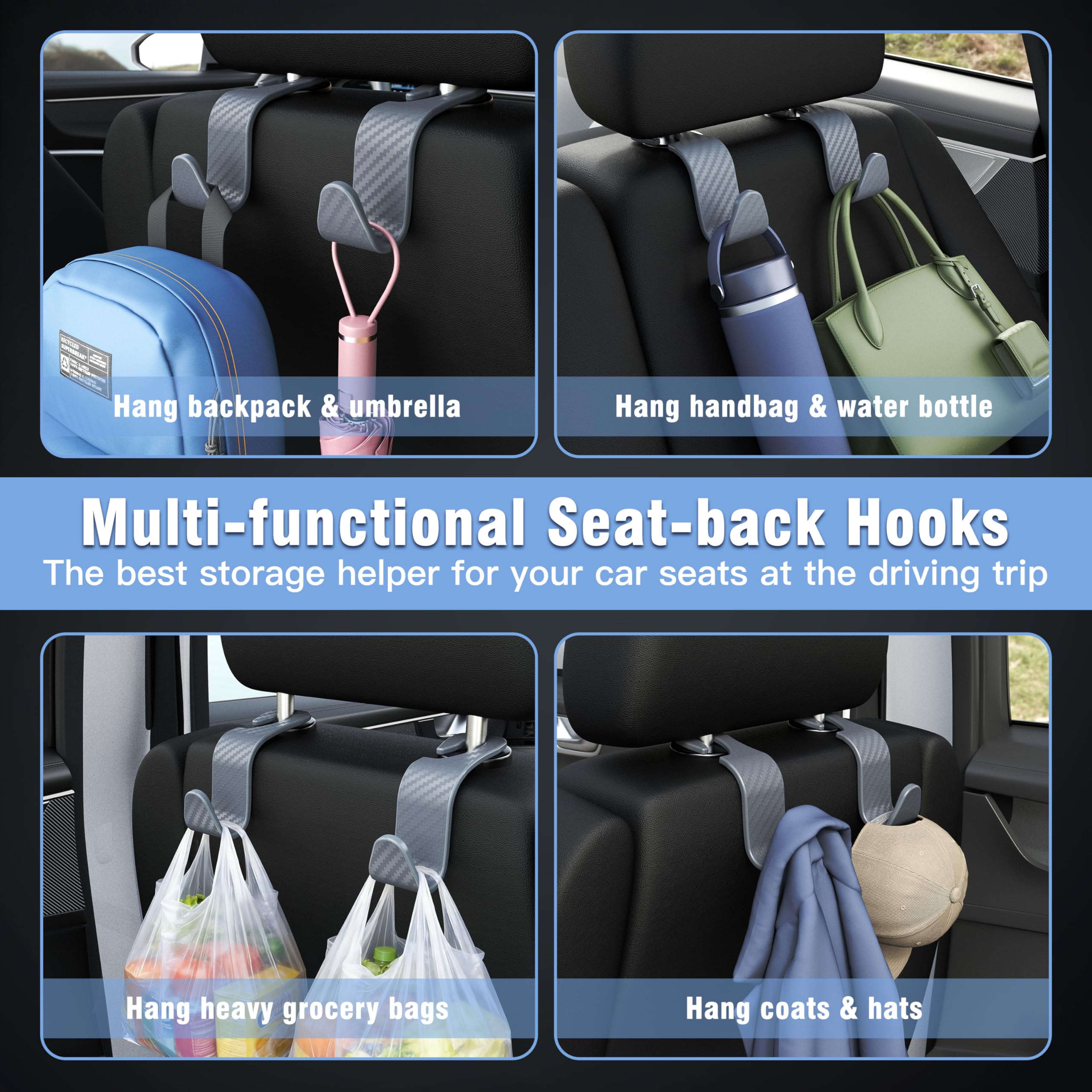 4-Pack Car Headrest Hooks Holds 55lbs Seat Storage Organizer for Bags view 4