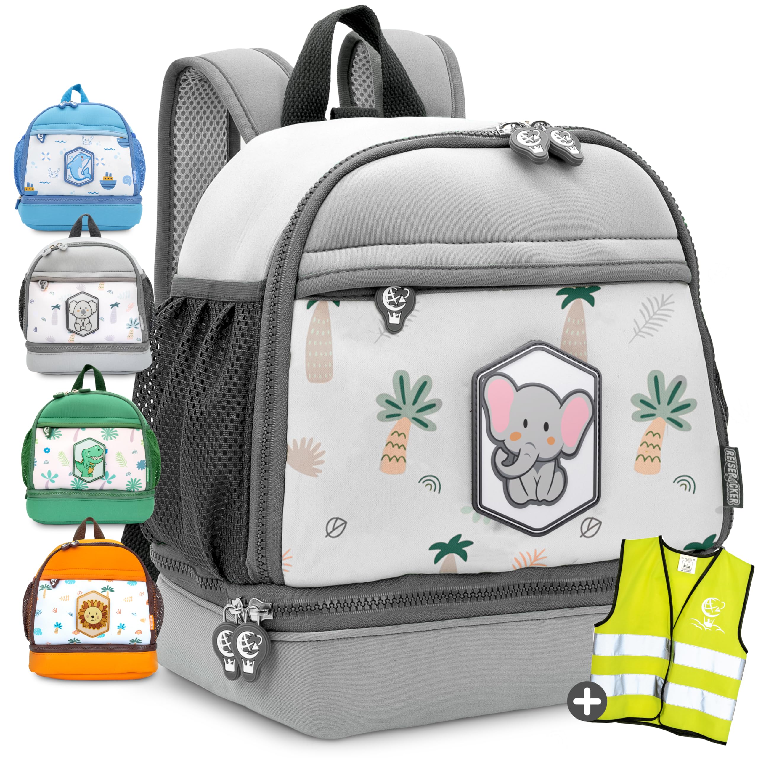 Kindergartenrucksack mit Brustgurt ab 2 Jahren 6,5l für Kita – anthrazit | Wasserabweisendes Material, inkl. Sicherheitsweste & sammelbaren Klett-Tierpatches – gepolsterter Rücken & Schultergurte