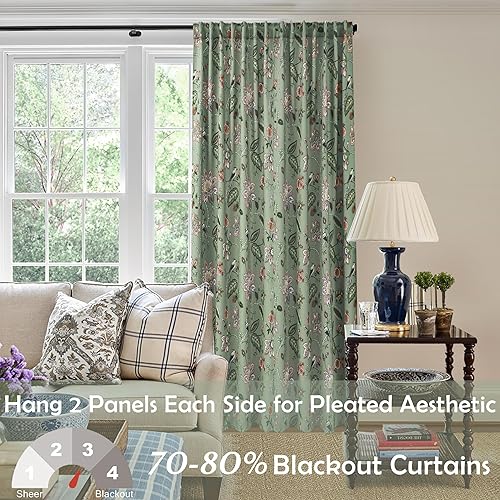 Miniatura 3 de Lindas cortinas opacas de 63 pulgadas de largo para dormitorio, 70% negras, oscurecimiento de la habitación, bolsillo para barra, patrón floral