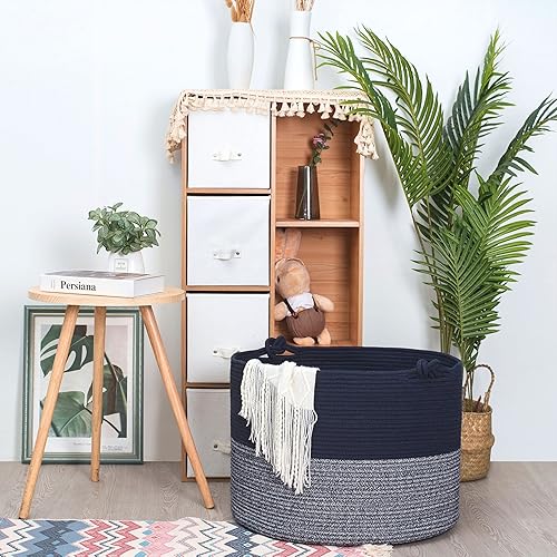 Miniatura 7 de MINTWOOD Design Cesta decorativa extragrande de 22 x 16 pulgadas de cuerda de algodón tejida para sala de estar con asas y cesta de lavandería