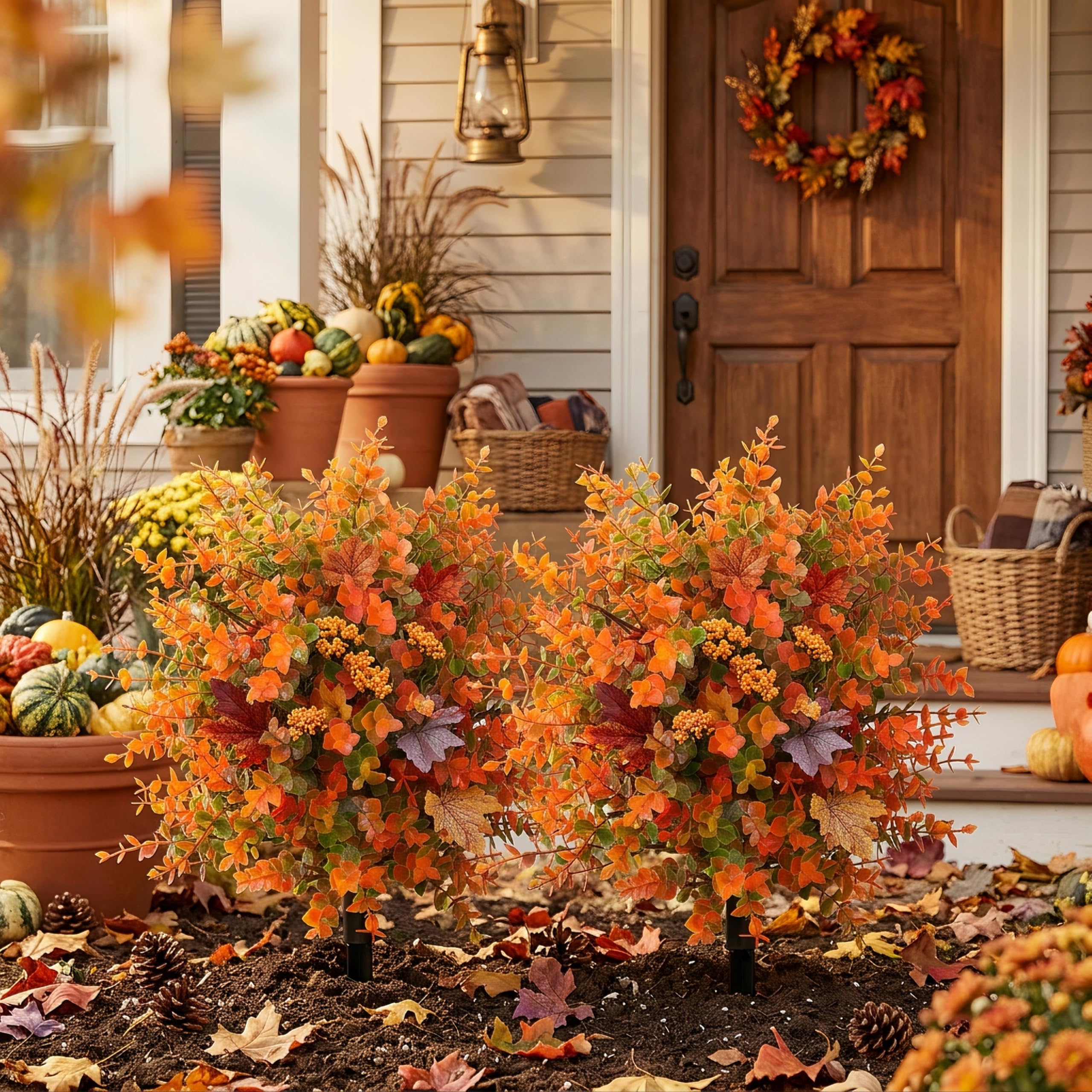 Confezione da 2 arbusti artificiali da esterno Decorazioni per Halloween da esterno - Pali floreali autunnali con foglie di eucalipto e fiori d'arancio arancioni