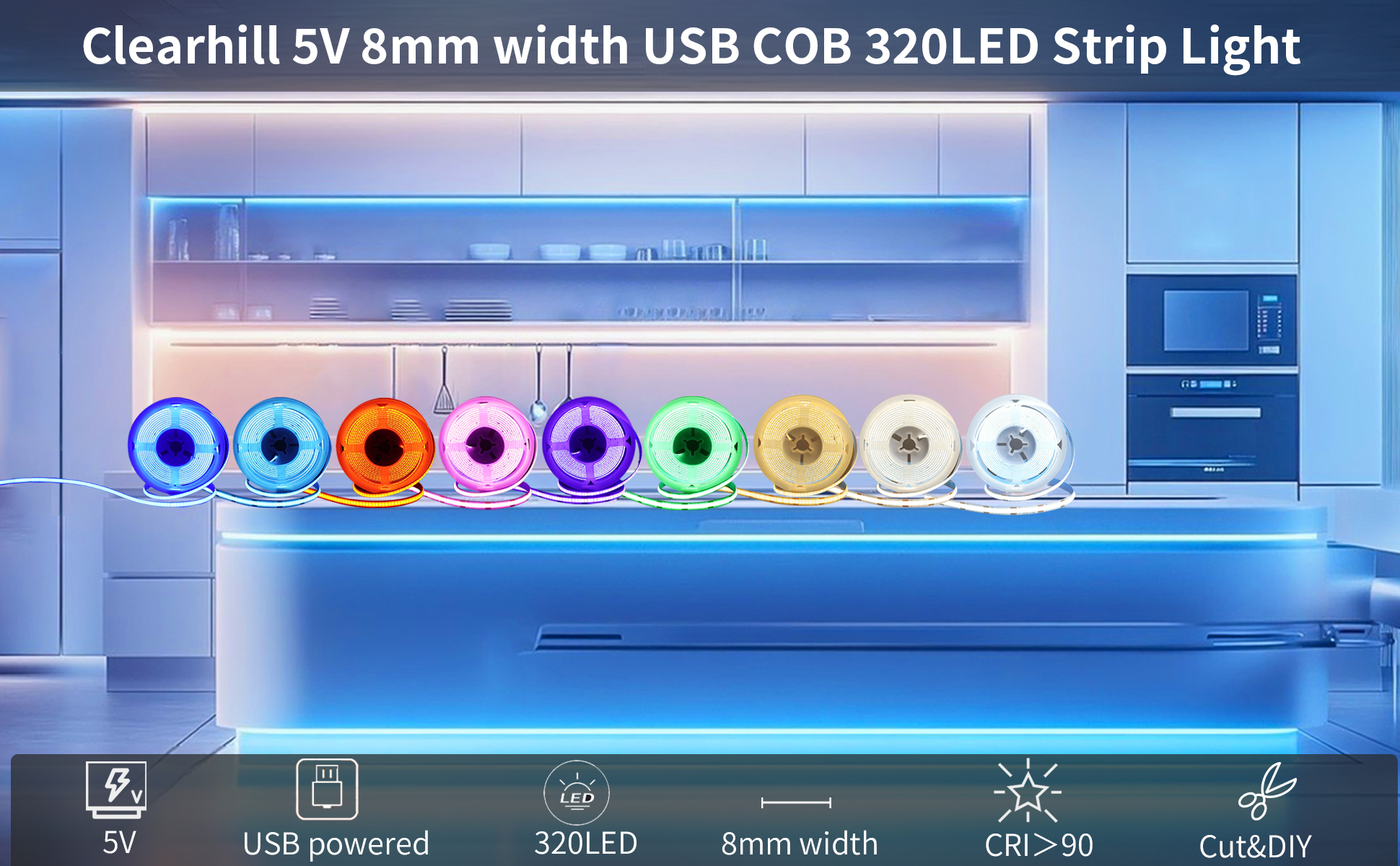 Image of 5V 8mm Width USB COB LED Strip Lights,Pink,320LEDs /M,8W /M,CRI90,6.56FT /2M,Electroplated Double-Sided Panel Light Strip,Waterproof IP20,Flexible Strip for Indoor Decoration